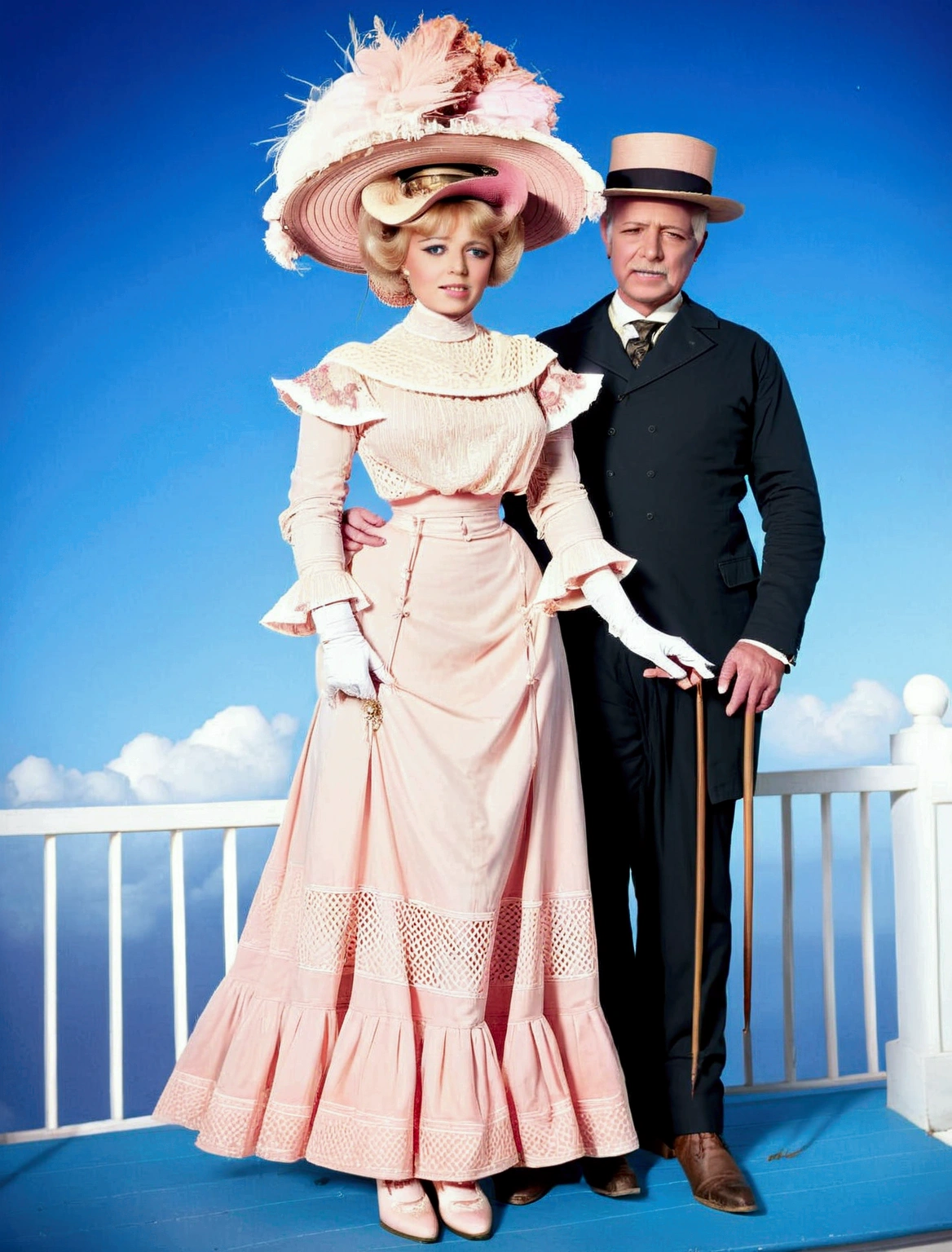 Year 1904. A hit 13 yo blonde Gibson Girl seducing an ugly aged horny 69yo gentleman on a summer's day. Pink 1900_dress. Girl wearing high-collar long sleeve shirtwaist, ((ornate wide-brimmed picture hat)), long skirt, petticoats, stockings, boots, hourglass figure, buxom, wasp waist, bubble butt. Man one head taller than girl