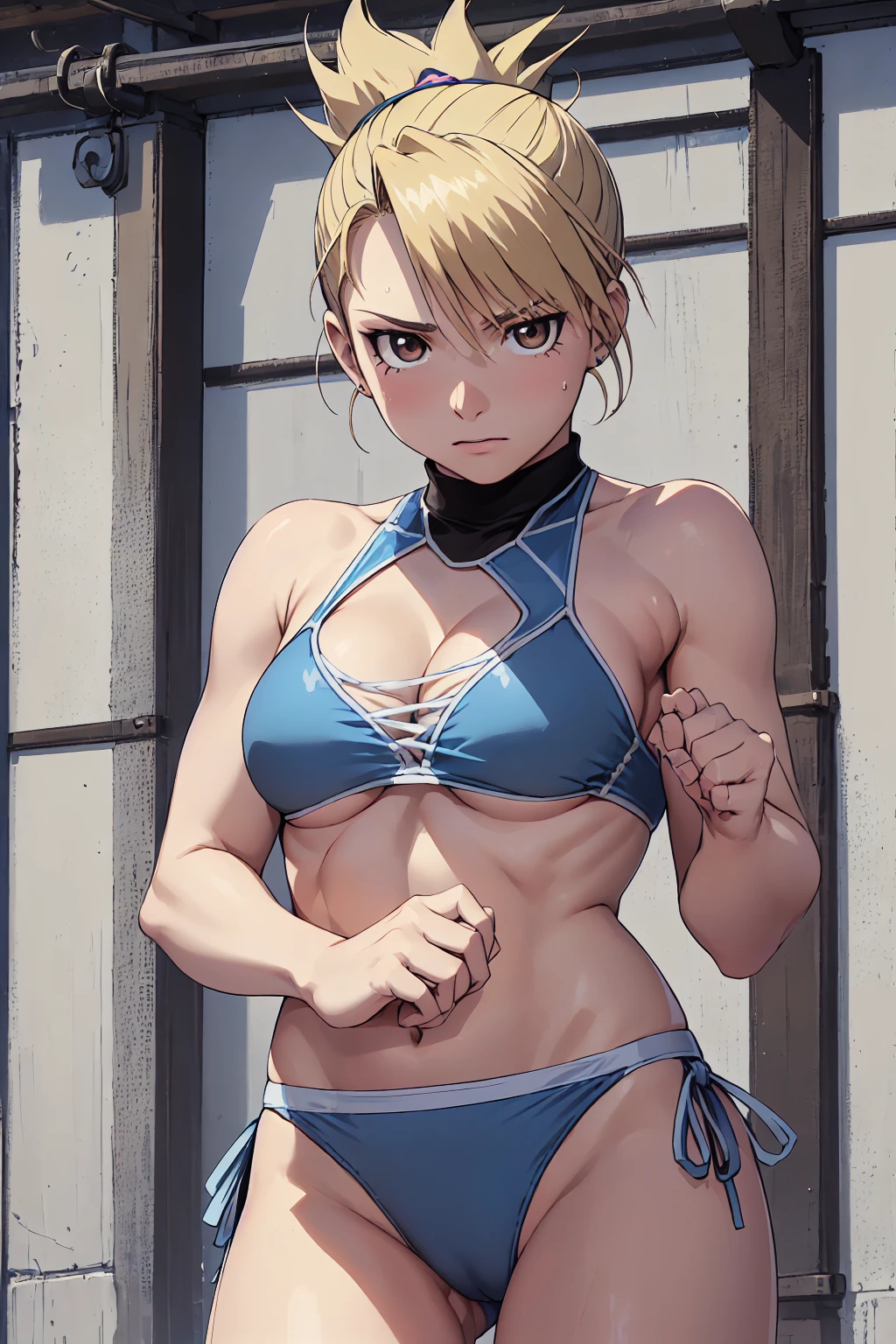 masterpiece, Highest quality, High resolution, One Girl, Hamriz, ponytail, Brown eyes,big , マイクロbikini、Cowboy Shot、Muscular body、blush、Sweat、Composition from the front、anime、(((Light blue bikini、Stand in front、audience、Shaking breasts、 Fully exposed、I-shaped balance、Spread your legs、kick、look forward to)))、((Wrestling Arena)), (Female wrestler), (Slender body, 発Sweat, tired), Mature Woman, Mature Woman, (bikini, Very sophisticated wrestling equipment)