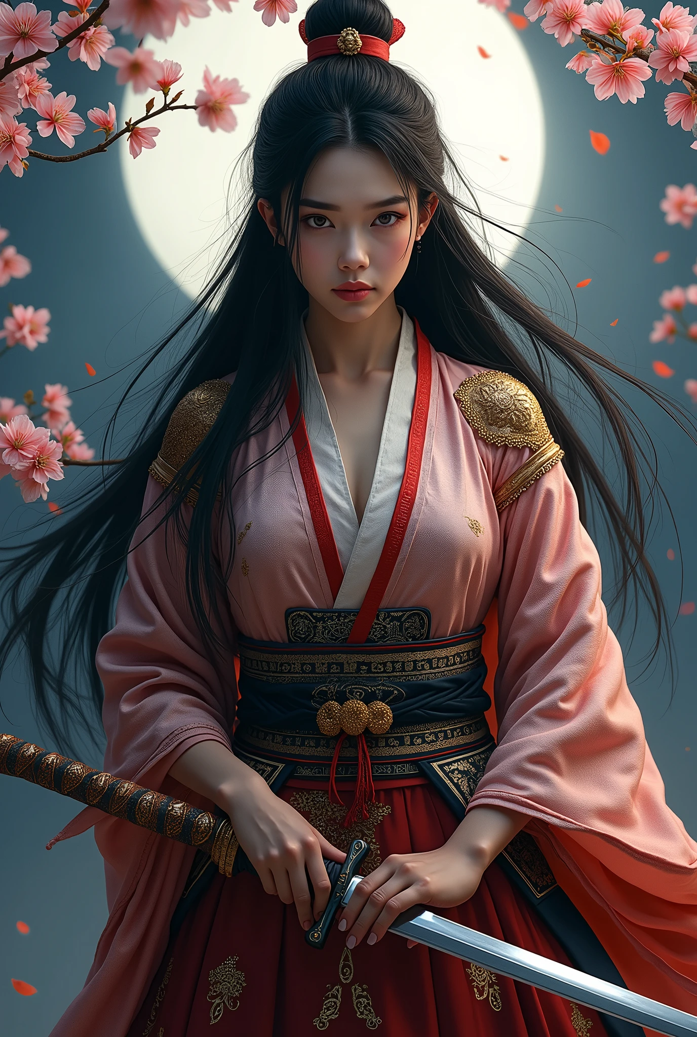 a beautiful samurai, porcelain skin, long black hair, with a serious, intense expression, ornate Japanese traditional samurai's clothes, (holding Japanese sword),Harrison Fisher and Catrin Welz-Stein art style, vivid colors, highly detailed, full body portrait, cinematic moon lighting, cherry blossom background, dramatic pose, elegant, graceful, regal, intricate details, masterpiece, photorealistic, 8k, best quality,(looking at viewer:1.5)