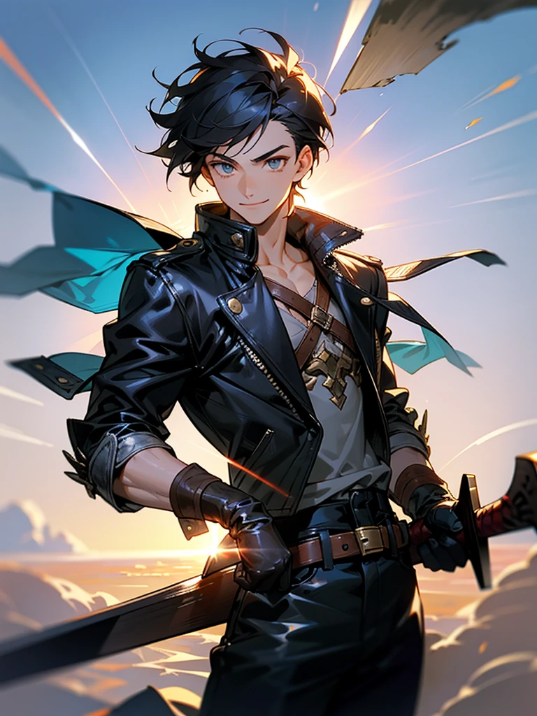 A male,warrior,20 years old,hansome,Wild short hair,Tall and strong,Sunlight,Smile,Eyes as deep as the sea,Shabby leather jacket,black trousers,Leather Boots,a sharp battle ax,Super details,Upper Body,movie lighting effects,best picture