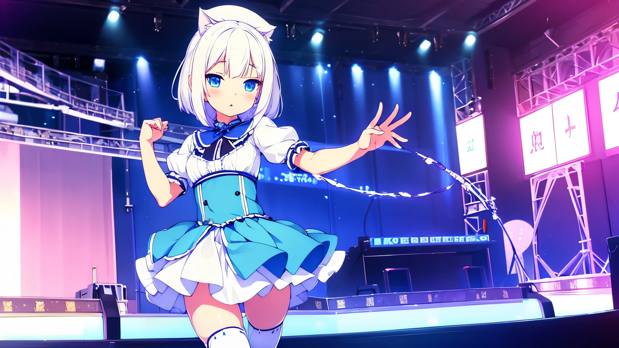 anime beautiful great picture quality very detailed idol girl white hair blue eyes nekomimi blue idol dress with white short skirt stockings on stage ray tracing perfect anatomy