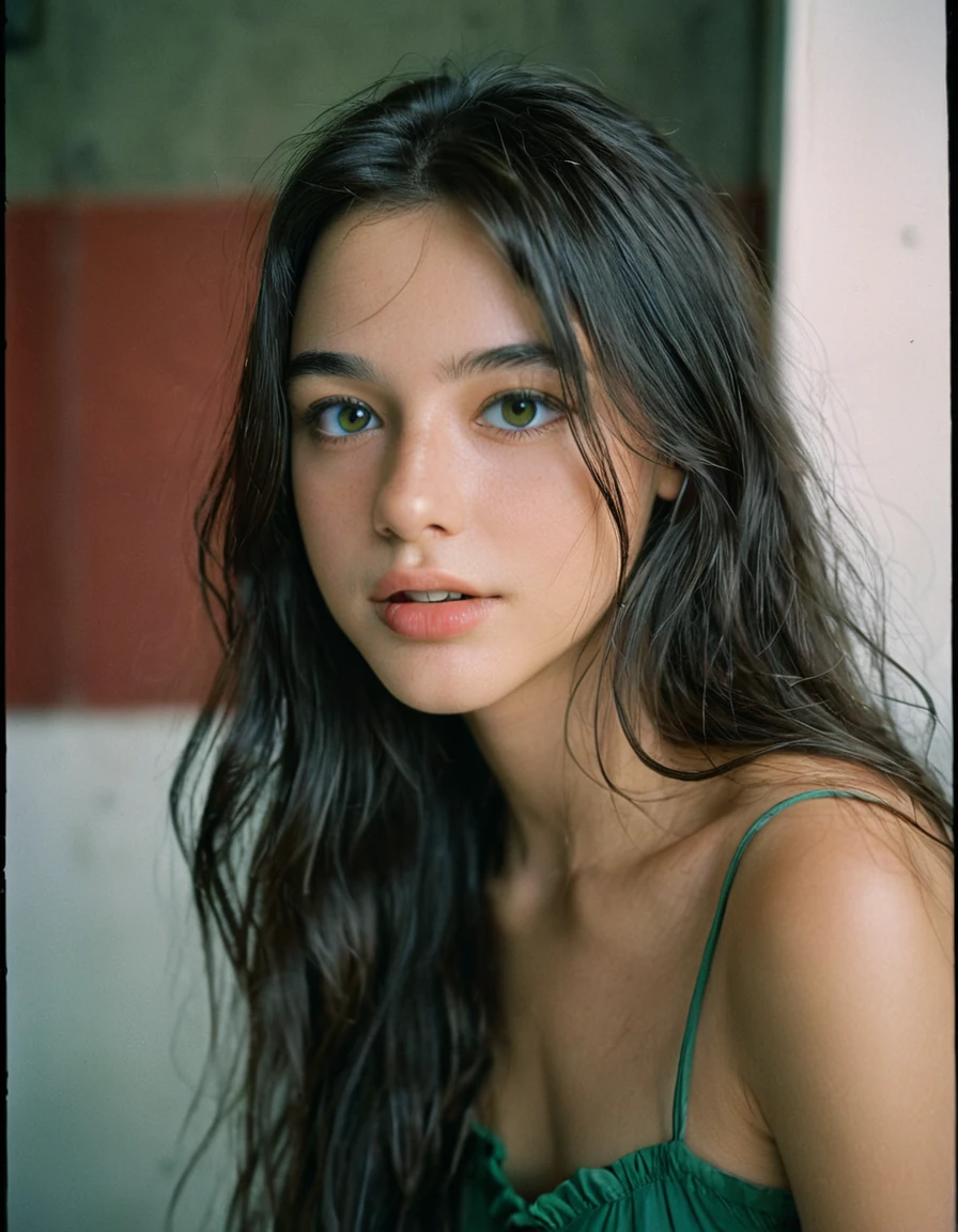 photoshoot, photo studio, RAW photo, editorial photograph, film stock photograph, cinematic, posing, amateur photo, face portrait, analog, raw, f2, 35mm, an (amateur photo), flash photography, taken on an old camera, polaroid, 8k, highly detailed, (high quality, best quality:1.3), Extremely high-resolution, film grain, very long hair, picture of a beautiful young woman, NOT dasha_taran, Nina Fortiner, sfw, ((natural black hair)), long (waist-length:1.2) combed black hair, ((macro lens)), natural, green hazel eyes, eyes have a little bit of brown, (realistic perfect human eyes), serious expression, ultradetailed realistic eyes, feminine expressions, photography, dslr, 35mm, Fujifilm Superia Premium 400, Nikon D850 film stock photograph, Kodak Portra 400 f1.6 lens, 8k, UHD, european woman, a bit latin american facial features, realistic skin, skin pores, (whole head, do not crop head), whole head is visible, detailed background, midwest facial features, from side, expresionless, perfect teeth, face a bit elongated, mouth closed