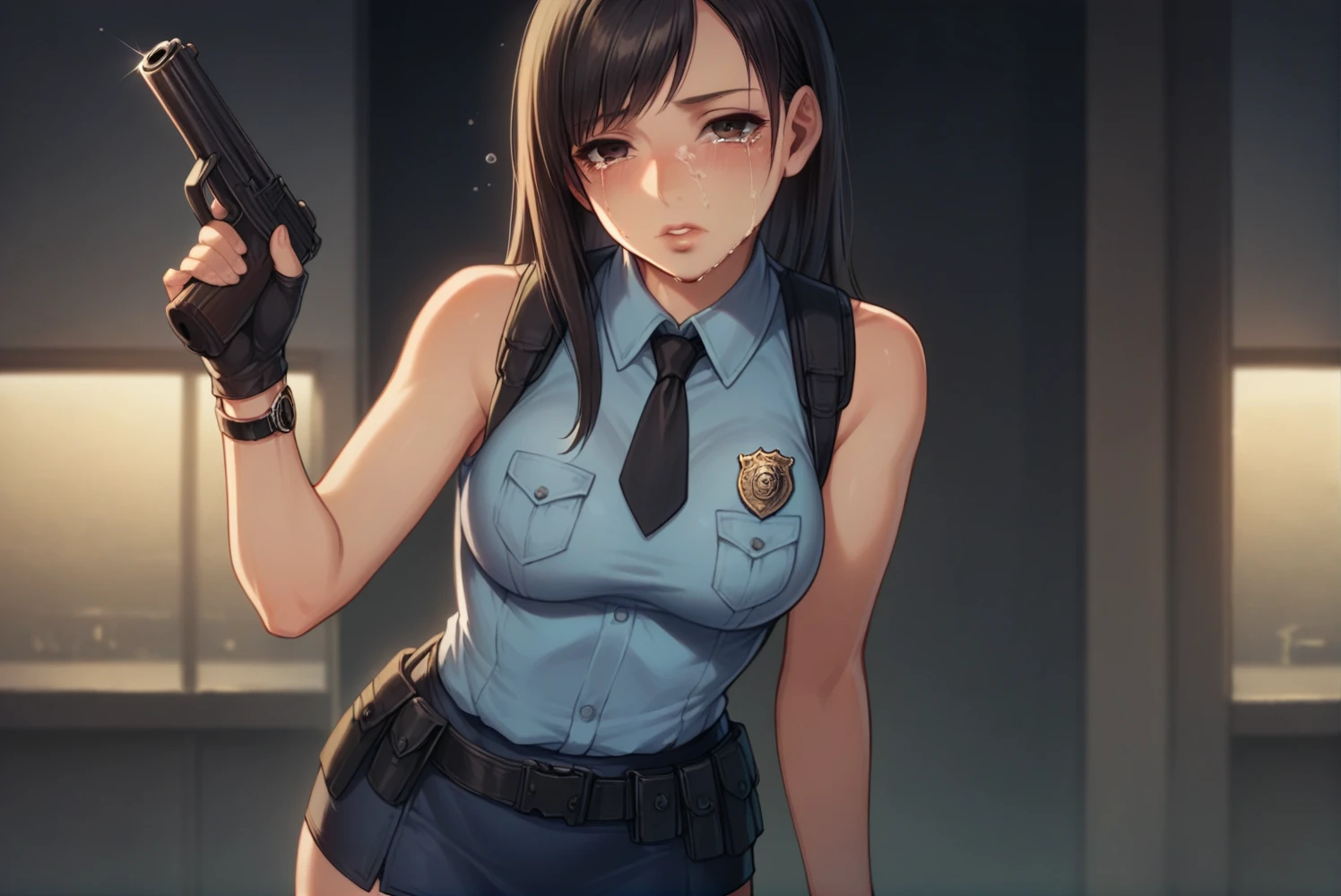 Highest quality, Very detailed,((1 person)), police, Adult, resident evil style, sexy police officer in uniform, Sleeveless shirt,Ultra mini skirt,belt,watch,slim, evening, Soft Light, Facial details, Drunk, Long black hair, Beautiful Skin, fringe, Pale pink lips, with a gun in hand, Crying face, Big black eyes, Looking at the audience, Cowboy Shot, 16K