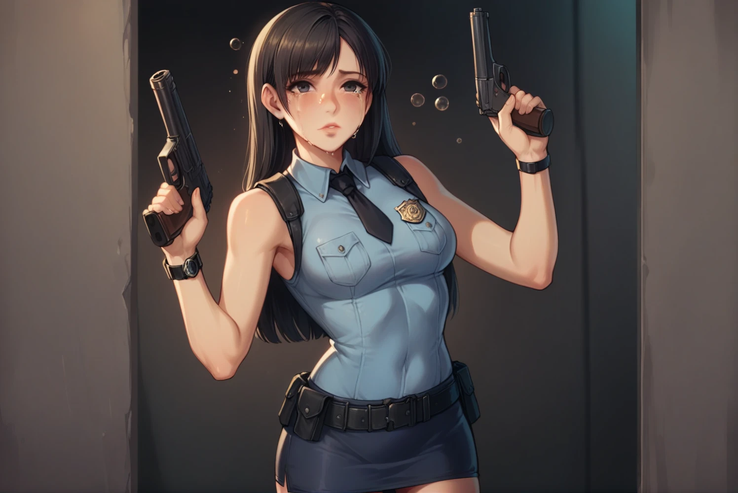 Highest quality, Very detailed,((1 person)), police, Adult, resident evil style, sexy police officer in uniform, Sleeveless shirt,Ultra mini skirt,belt,watch,slim, evening, Soft Light, Facial details, Drunk, Long black hair, Beautiful Skin, fringe, Pale pink lips, with a gun in hand, Crying face, Big black eyes, Looking at the audience, Cowboy Shot, 16K