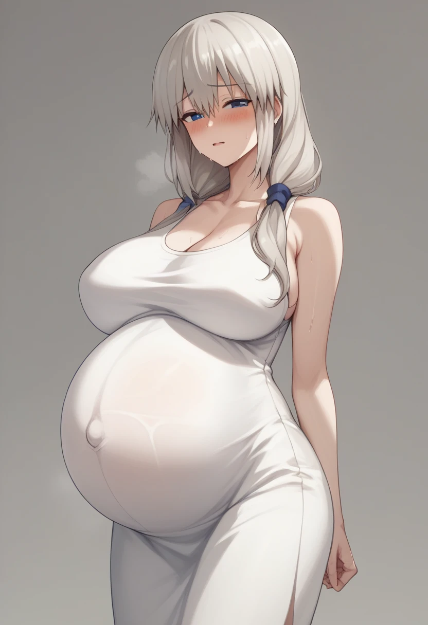 Huge breasts、blush、Sweat、In the heat、Long white hair、Braiding、uzaki_fortune、
{Highest quality}, {so beautiful}, {Very detailed}, {Best illustrations},Life、slim:1.5、Round neck sleeveless long maxi dress(tight)、Are standing、Huge pregnant woman's belly:2、Pregnant women