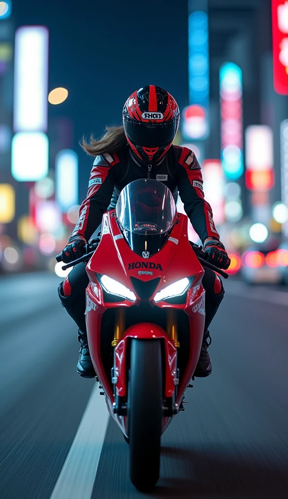 beautiful Japanese girl, Riding on a super cool sport motorcycle, at highway in metropolitan at night, high speed, dramatic scene, masterpiece, face focus, clear helmet visor, beautiful eyes, Honda bike, Shoei helmet, professional racer's outfits, Adios gesture, shoot from side
