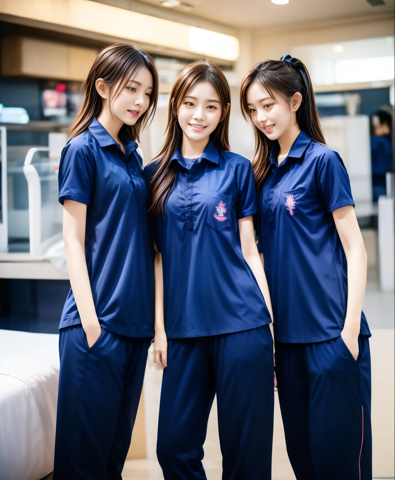 3 girls sleep on bed, Navy blue short-sleeved shirt,Navy Long Trackpant,Sweatpants, Sweatpantsขายาว,25 year old girl, lesbian, sexy, exercise clothes, wet body, exercise clothes