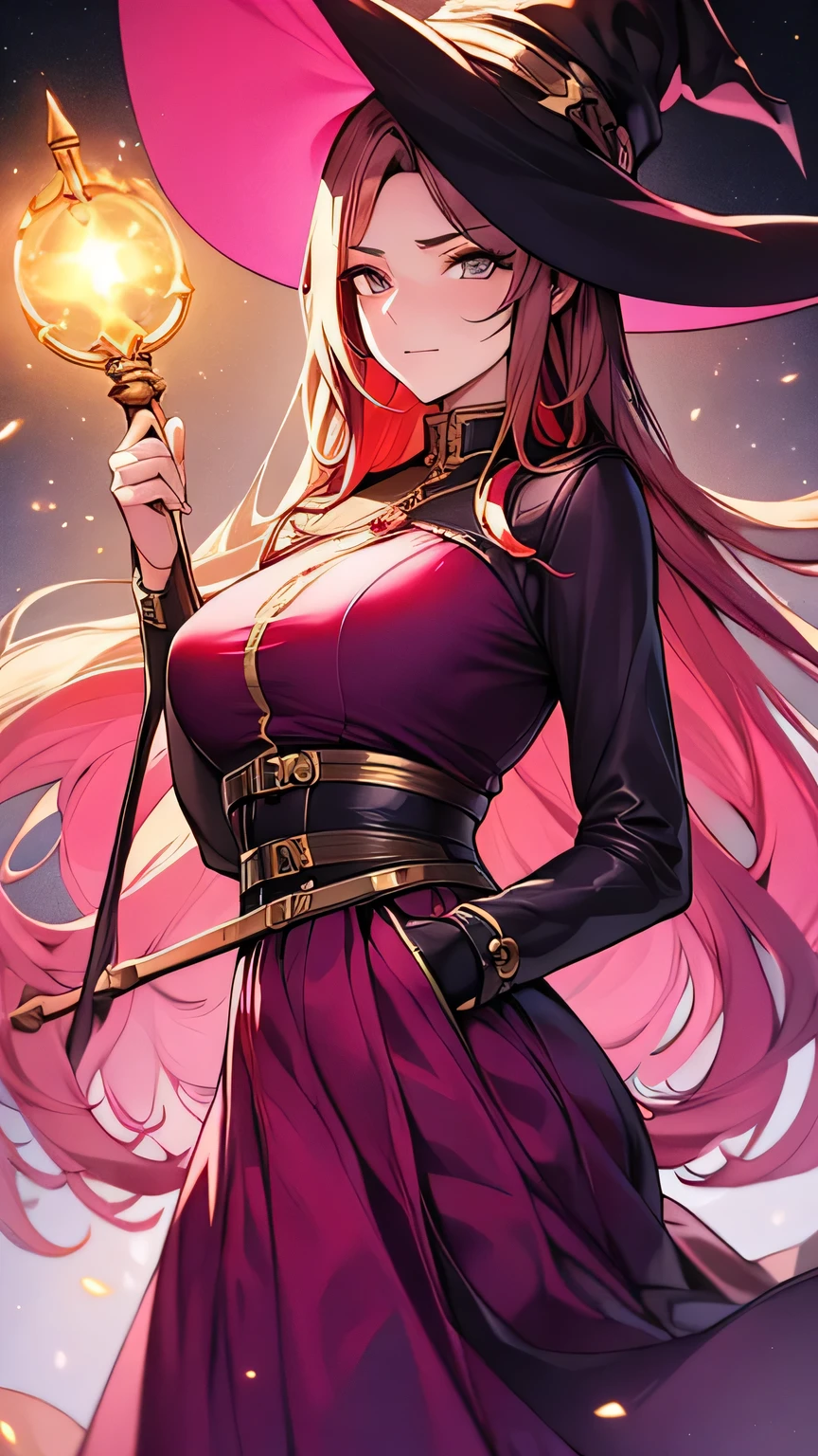 ((Highest quality)), Ultra-high resolution,Adult women, alone, sexy, (Stern face), (Golden Eyes), Beautiful and symmetrical face, (Red irregular long hair), Light purple dress,Light purple long skirt,Realistic:1.4,Realistic:1.4,night,(masterpiece:1.2),Perfect Eyes,Perfect Eyes,witch,Holding a walking stick