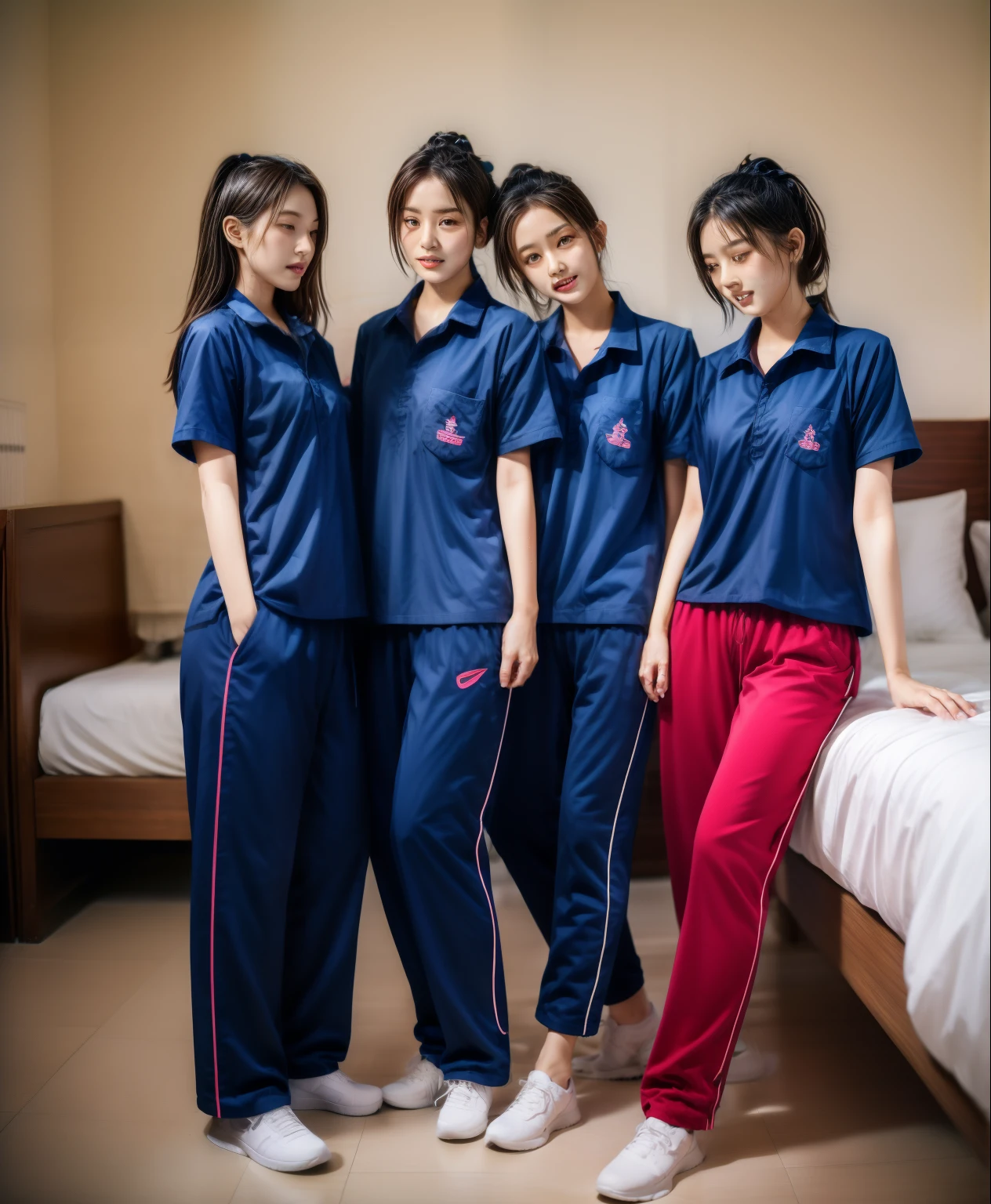 3 girls sleep on bed, Navy blue short-sleeved shirt,Navy Long Trackpant,Sweatpants, Sweatpantsขายาว,25 year old girl, lesbian, sexy, exercise clothes, wet body, exercise clothes