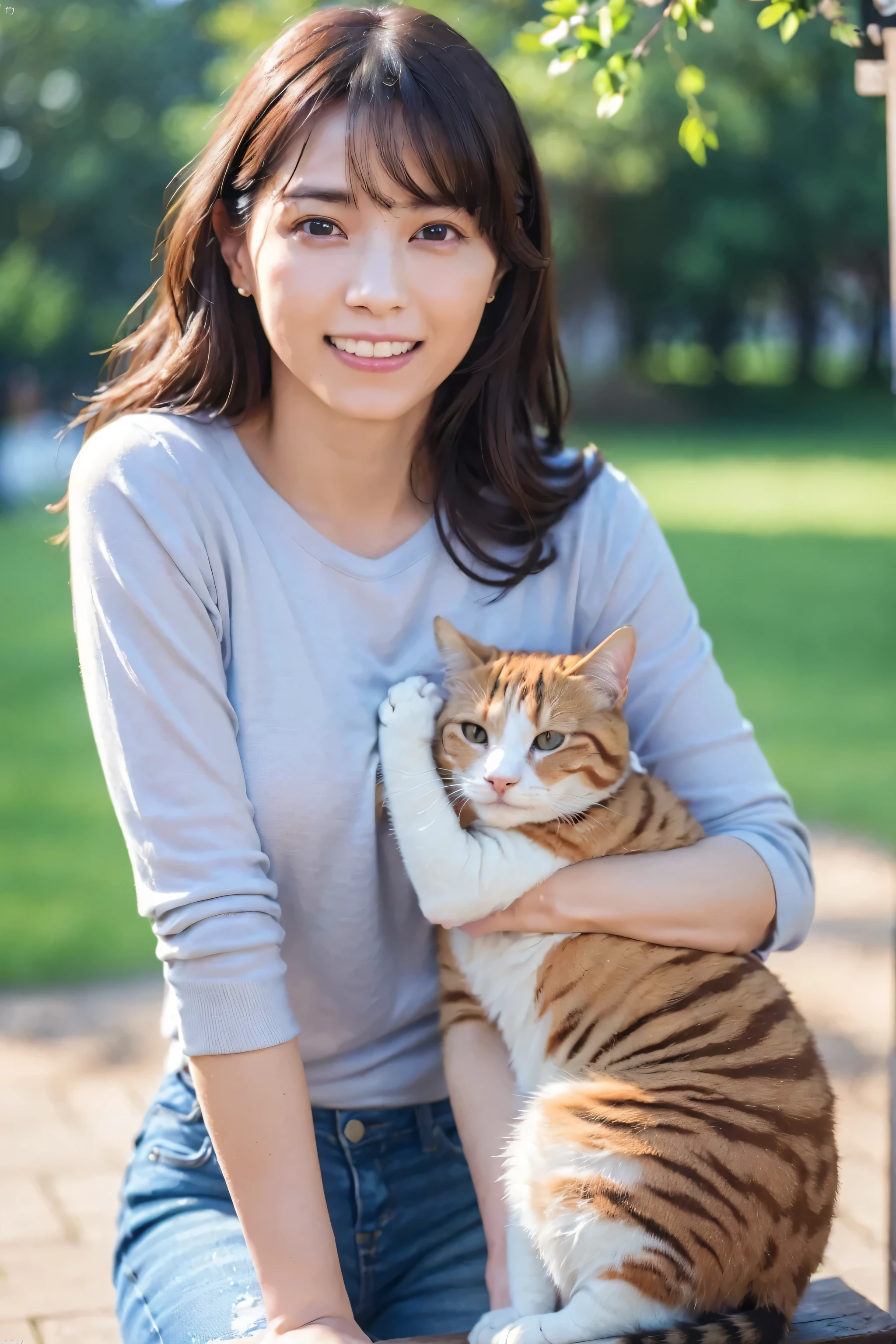 A sunny park in the afternoon, Holding a cat, T-Shirts, Skinny jeans, Very small bust:1.8, Dark brown eyes, smile:1.3, (Best Quality:1.3, 8k, 32K, masterpiece:1.3, nffsw:1.3), (RAW Photo:1.3, Best Quality:1.3), (Realistic:1.3, Photo Realistic:1.3), (real person:1.3, Photograph:1.3), (High-realistic capture:1.3), (Highly detailed:2.0), (Exquisite:1.3), (16K High-resolution image of human skin:1.3), (Balanced face, Balanced body, Perfect and delicate two legs), (Texture must be natural), (Skin should look healthy), (Uniform tone), (Use natural light and color)
