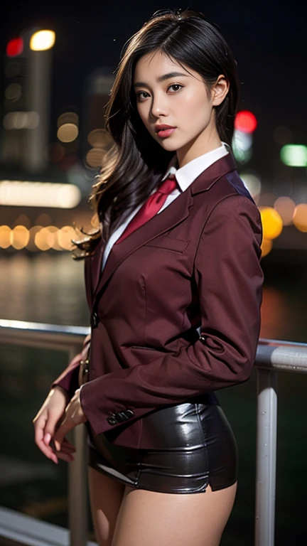 Highest quality,Ultra HD,8k,(Beautiful 25 year old Asian hit woman), (Wolf cut black hair), (White skin), (Serious face), Wine red skirt suit 1.5, (((Three-piece suit))), (((Dress shirt))), (((tie))), blazer,(Thigh 1.2,Glamorous Body), (((Burgundy suit jacket))), Black shiny lapel, (((Bodycon mini skirt))), Tight Skirt, tights, pantyhose, Cufflinks, (Night city background), View from the front, Well-groomed and beautiful face 1.2, Dynamic pose, Ambient Lighting, Photographic realism, Intricate facial details, Exquisite handcrafted details, Very detailed, Vibrant colors, Cinematic, High resolution, Trending Styles Raw on Artstation, , Excited,