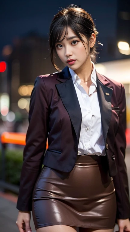 Highest quality,Ultra HD,8k,(Beautiful 25 year old Asian hit woman), (Wolf cut black hair), (White skin), (Serious face), Wine red skirt suit 1.5, (((Three-piece suit))), (((Dress shirt))), (((tie))), blazer,(Thigh 1.2,Glamorous Body), (((Burgundy suit jacket))), Black shiny lapel, (((Bodycon mini skirt))), Tight Skirt, tights, pantyhose, Cufflinks, (Night city background), View from the front, Well-groomed and beautiful face 1.2, Dynamic pose, Ambient Lighting, Photographic realism, Intricate facial details, Exquisite handcrafted details, Very detailed, Vibrant colors, Cinematic, High resolution, Trending Styles Raw on Artstation, , Excited,