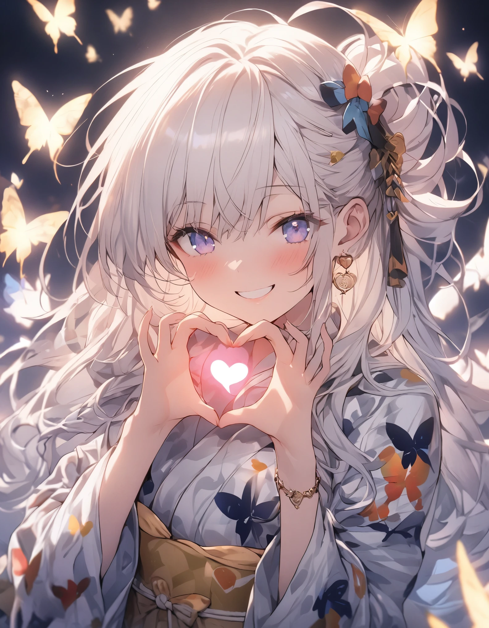 masterpiece、girl、white Hair、Long Hair、tied hair、(((Make a heart shape with both hands)))、Summer yukata、((many butterflies fly))、smile、Focus on the face, night background、look at the front