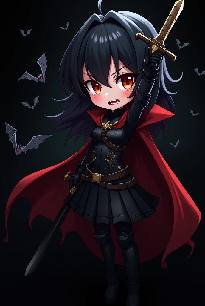 Chibi Style, 2D, anime, Vampire girl raises her sword, Vampire Fangs, Red Cape, Black lightweight armor, Bats fly around, (Simple white background)