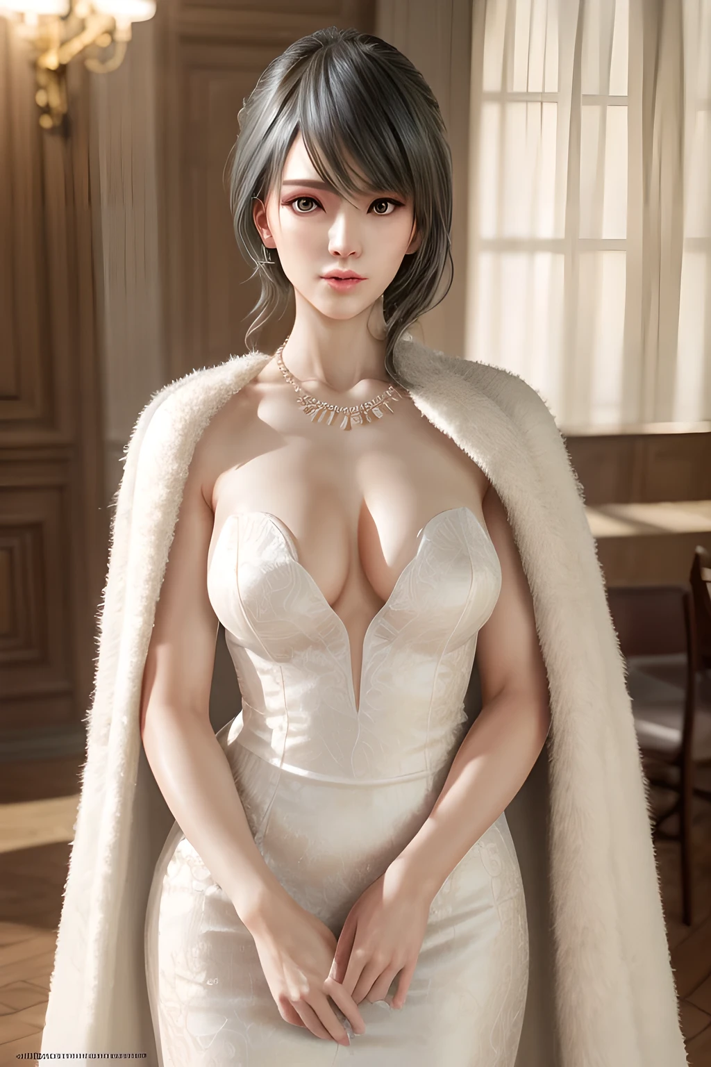 A lady with extraordinary temperament, she stands in a modern indoor space, as if she is a model from a fashion magazine. She is wearing a (pure white long fur cape), the softness and luster of which makes her look more noble under the light, and complements her (beige dress) underneath, showing her gentle temperament while maintaining a sense of fashion. The style of the dress is simple and generous, a perfect match, and it lengthens her figure, making her tall and charming. The lady's makeup is delicate and elegant, which just highlights her facial features and makes people unforgettable at first sight. Although the earrings and necklace she wears are not ostentatious, they add a bit of sophistication and nobility to her overall look. Her hair is casually draped over her shoulders, and every strand of hair exudes a natural luster,, (best quality,8k,highres,masterpiece:1.2),ultra-detailed,(realistic,photorealistic,photo-realistic:1.37),studio lighting,ultra-fine painting,sharp focus,physically-based rendering,extreme detail description,professional,vivid colors