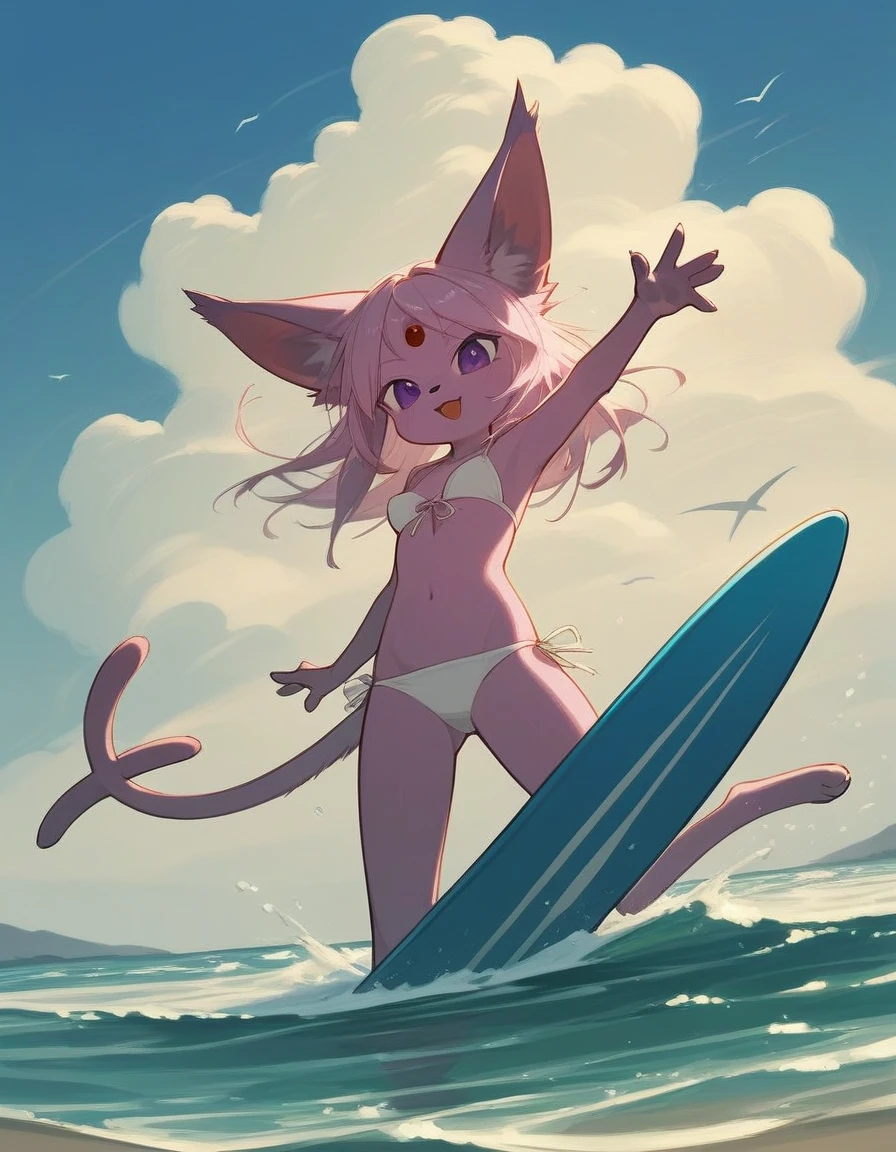 alone, score_9,score_8_up,score_7_up, anthro female espeon, white bikini, beach, water, riding a surfing board, standing.