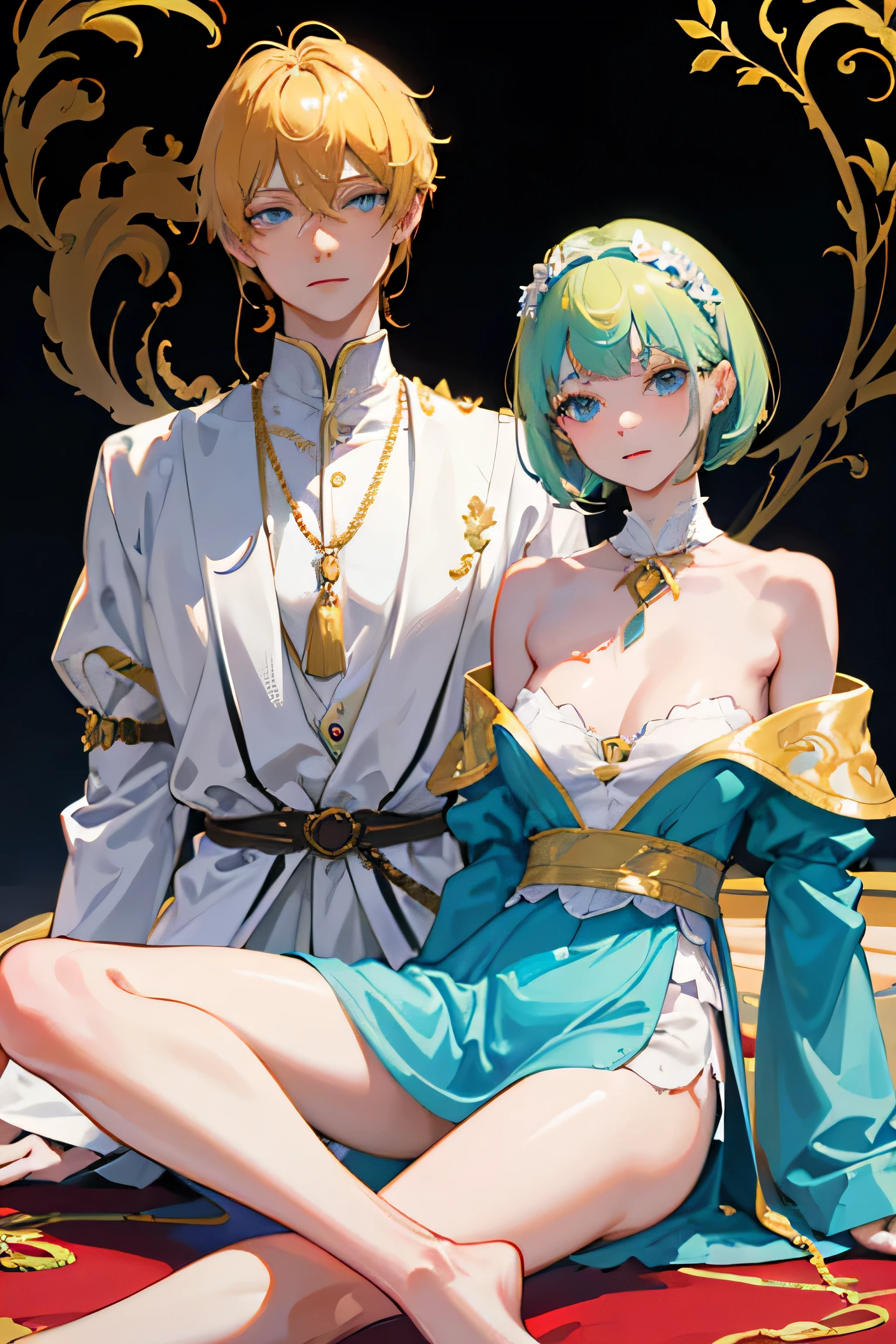 Vibrant and dynamic anime-style illustration featuring a tall young girl character with striking blonde hair and super short, her hair is short and reaches the nape of his neck at the back, he has two strands on the forehead that reach his cheeks, expressive blue eyes. She is sitting on the floor with her right hand on her chin, and her other hand resting on her leg, her expression is flirtatious and fun. The character has a fair complexion and is adorned with a golden jewel on her forehead. si is dressed in a flowing white and blue outfit with gold accents, and they hold a cigarette in one hand. The background is a blank space. The overall composition is energetic and colorful, with a focus on the character's cheerful and confident expression.