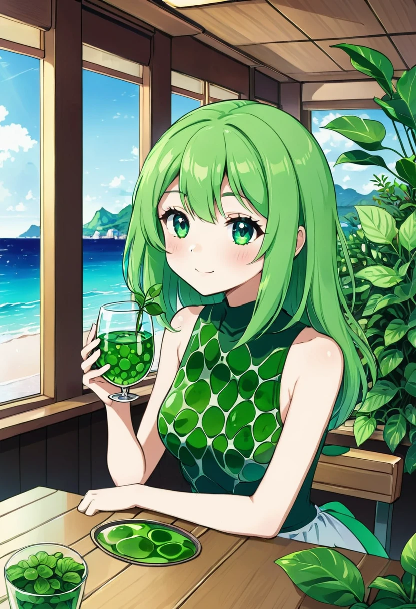 cute anime girl, holding a glass filled with green plant cells, restaurant with sea view

