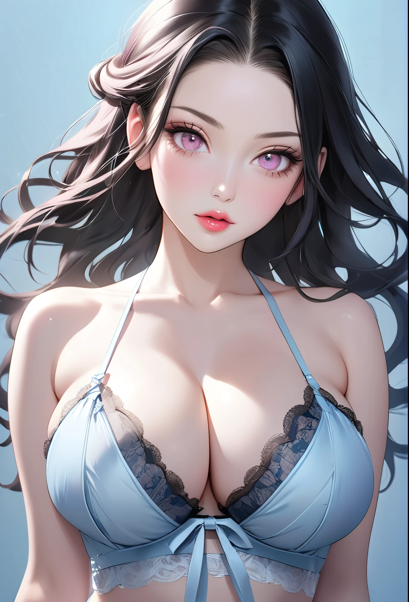 Nezuko Komado, realistic depiction, elegant appearance, pale and shiny skin, black hair, pink eyes, full lips with lip gloss, subtle eyeliner and mascara, light blue eyeshadow, pink and light blue monochromatic color scheme, soft lighting, blue background. Cleavage, huge tits, lingerie