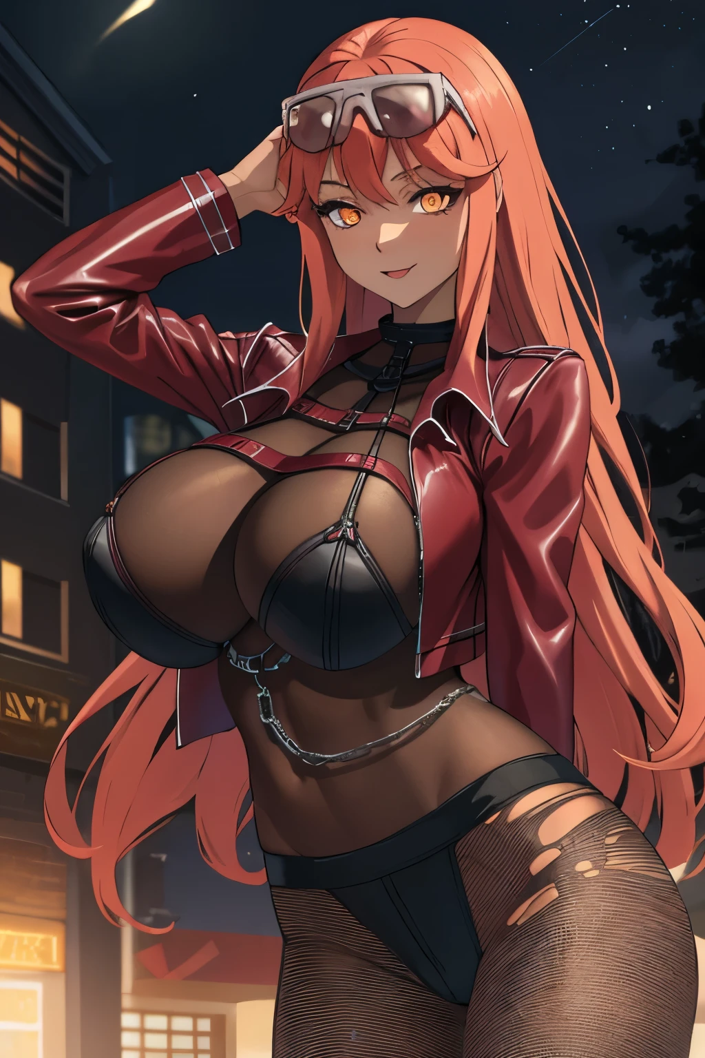 masterpiece, best quality, volume, jacket, eyewear on head, bodystocking, torn clothes, tan, huge breasts, cowboy shot, arms behind head, glowing eyes, night, smile