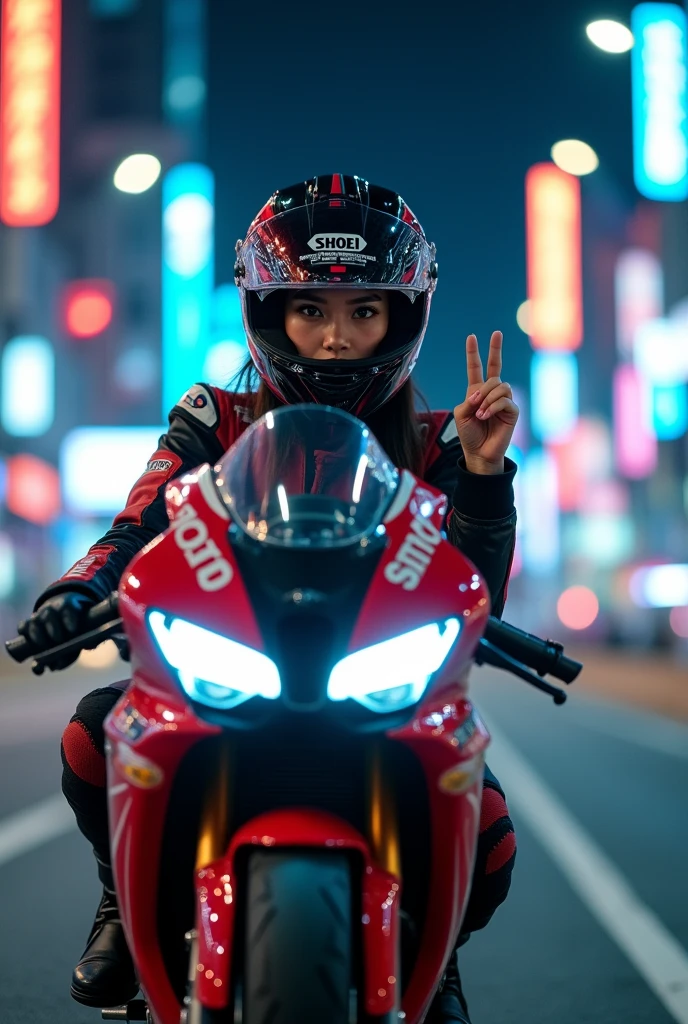 beautiful Japanese girl, Riding on a super cool sport motorcycle, at highway in metropolitan at night, high speed, dramatic scene, masterpiece, face focus, clear helmet visor, beautiful eyes, Honda bike, Shoei helmet, professional racer's outfits, Adios gesture, shoot from side