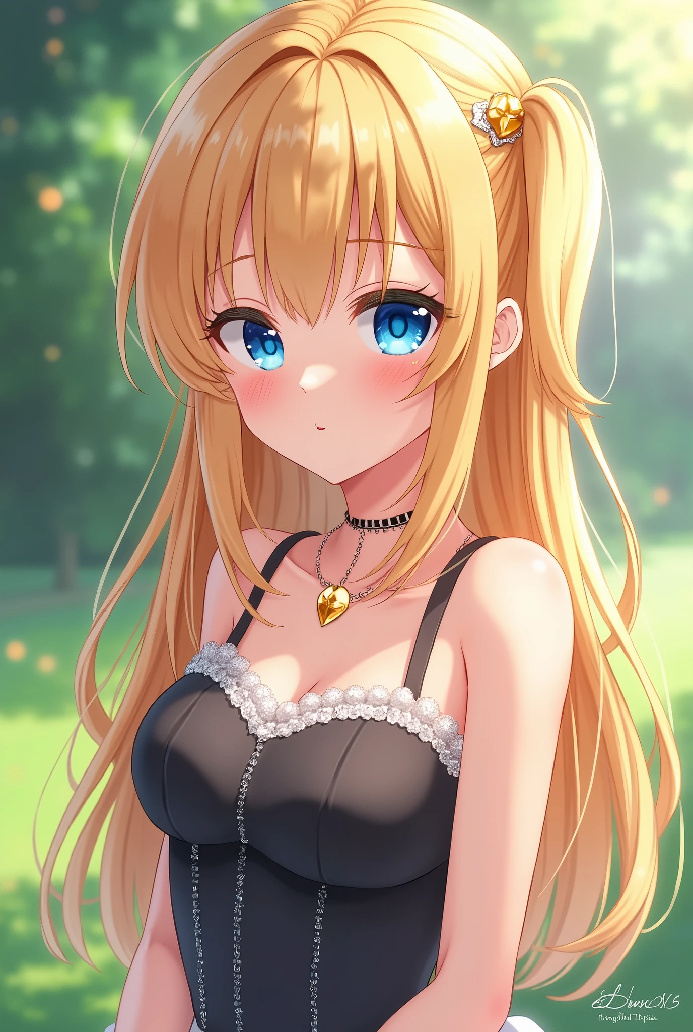 (best quality, ultra-detailed, photorealistic: 1.39), bright and vibrant colors, studio lighting, romantic expression, An effeminate Girl, with a delicate and beautiful face. She is a girl who reflects seductive beauty, sparkling blue eyes, extremely beautiful Girl, perfect lips in a soft smile , Girl, fuzzy, beautiful blonde, long, silky hair, necklace, beautiful strapless black dress with crystals embedded in the dress,She has beautiful small breasts, beautiful white dress, dress with straps, ruffles on the dress, voluminous fabric, in the garden at home, garden, anime style, Anime Bishoujo