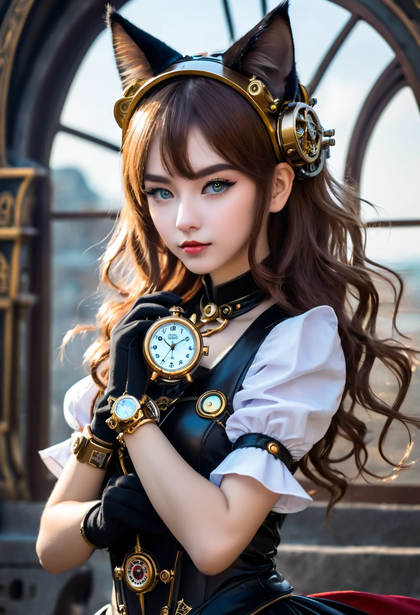 magic God of times girl, cat ears, holding a mechanical watch in her hand