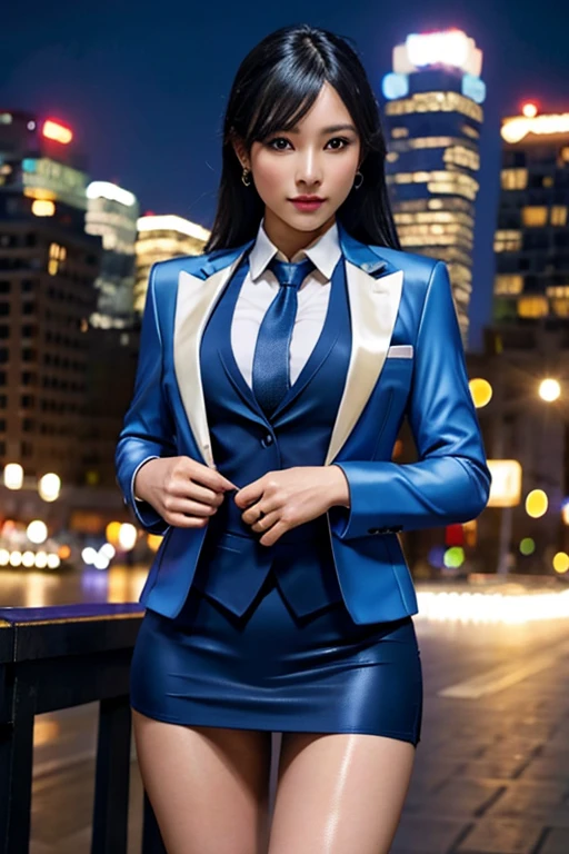 Highest quality,Ultra HD,8k,(Beautiful 25 year old Asian hit woman), (Wolf cut black hair), (White skin), (Serious face), Blue skirt suit 1.5, (((Three-piece suit))), (((Dress shirt))), (((tie))), blazer,(Thigh 1.2,Glamorous Body), (((blue suit jacket))), Black shiny lapel, (((Bodycon mini skirt))), Tight Skirt, tights, pantyhose, Cufflinks, (Night city background), View from the front, Well-groomed and beautiful face 1.2, Dynamic pose, Ambient Lighting, Photographic realism, Intricate facial details, Exquisite handcrafted details, Very detailed, Vibrant colors, Cinematic, High resolution, Trending Styles Raw on Artstation, , Excited,