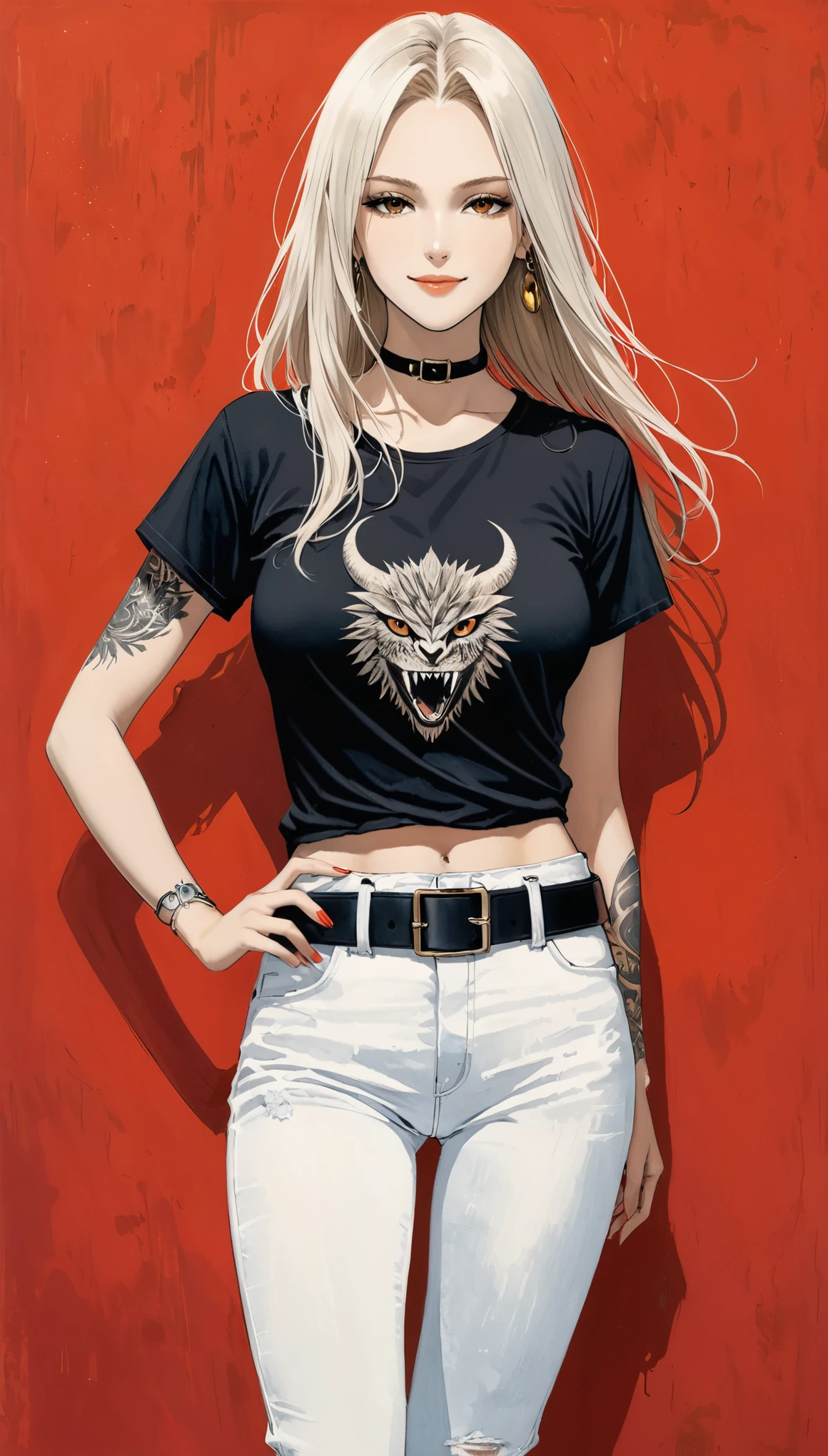 in style of Santiago Caruso,in style of Alan Lee,in style of Hans Hartung,in style of Aliza Razell
(1girl ),white long hair,jeans,belt
BREAK
gravure_pose,smile,big breasts,red background,neck_belt,portrait,arm tattoo
BREAK
black t-shirt with monster print,monochrome