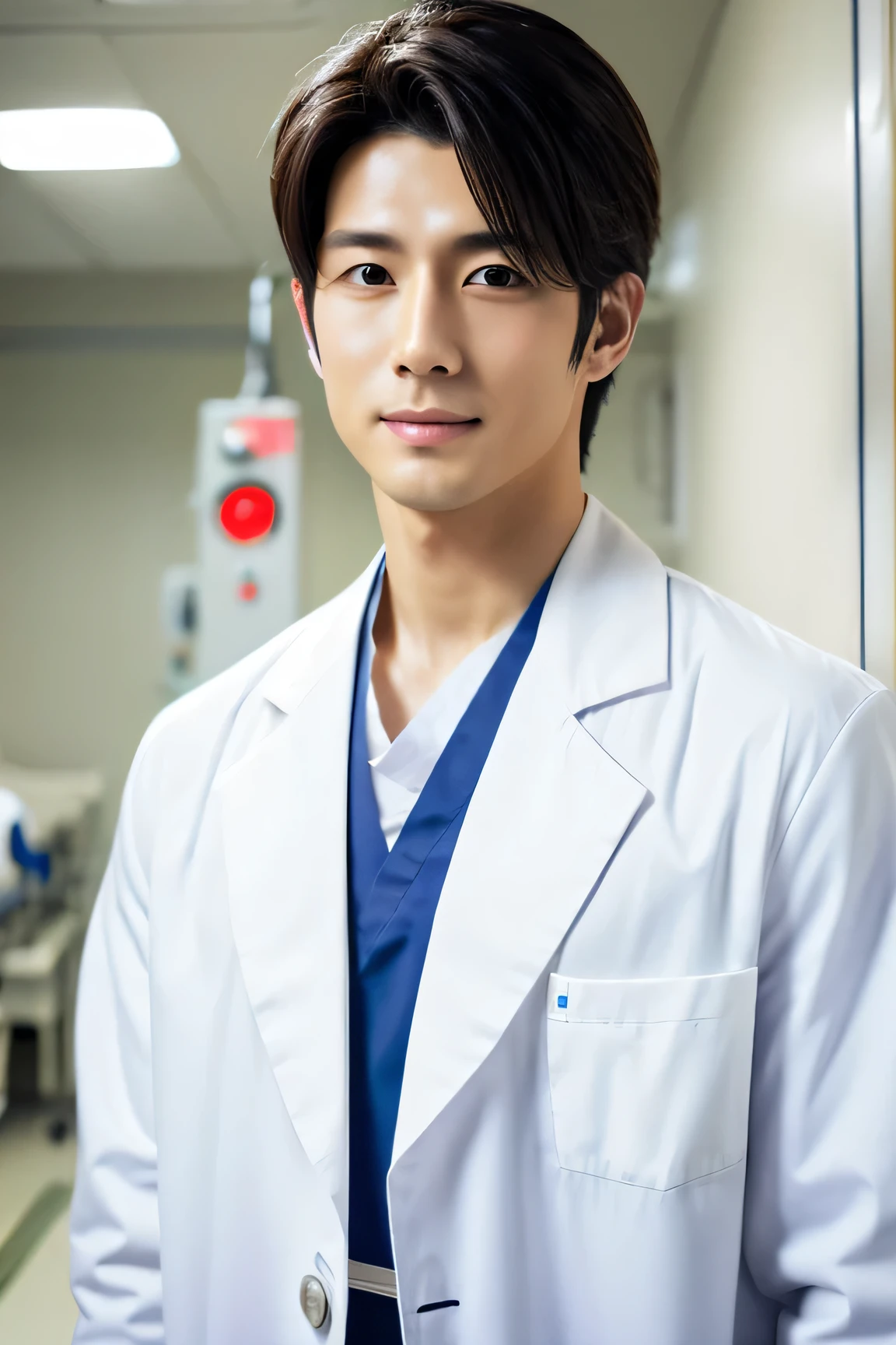 Photorealistic, high resolution, High resolution,Japanese male nurse, Handsome, Idol, White Lab Coat, Upper Body, hospital, ward