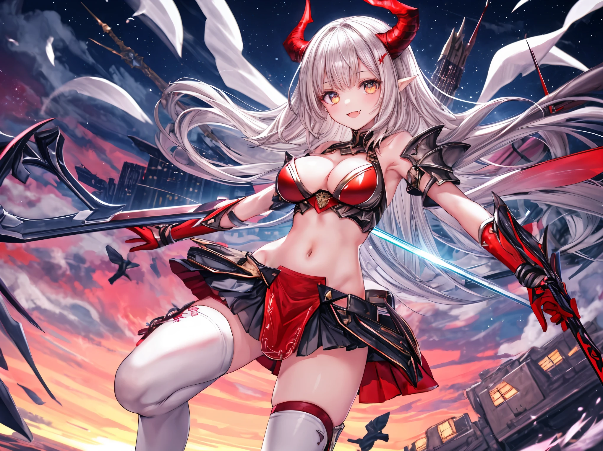 fantasy, 1devil_girl, low_, platina_blond_hair,long_bangs, bare_shoulder, navel out, thighhighs,silver_armor, red_clothes,waist_armor, Glebe, hold_swords, large_tits, dynamic_floating_pose,Floating,(pelvic_curtain:1.3), silver_Headgear ,looking_down_at_sunrise_city_sky_background,,slightly_spread_legs,solo,horn ,smile,,open_legs,open_arms,rise_knee,rise_leg,rise_thigh,rise_leg,apart_legs,fang,Shiny_gold_eyes,crotch