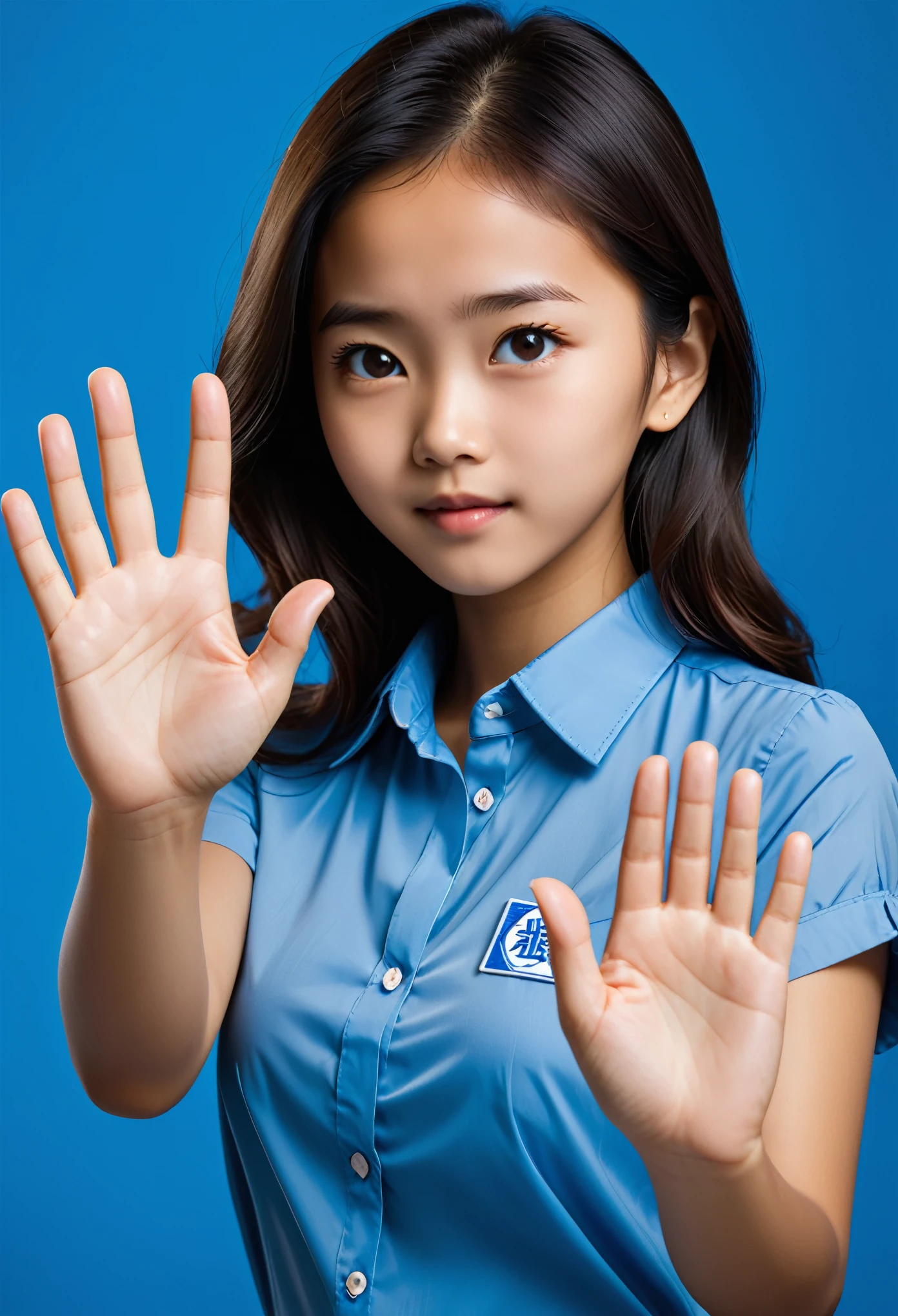 (close-up of hand:1.3),a Chinese girl in a blue shirt making a stop sign, mohamed chahin, indistinct girl with her hand up, portrait image, edu souza, hands retouched, advertising photo, head and shoulders photography, manuel sanjulianblue, with a blue background, portait image, wave a hand at the camera, commercial photo, dan dos santos