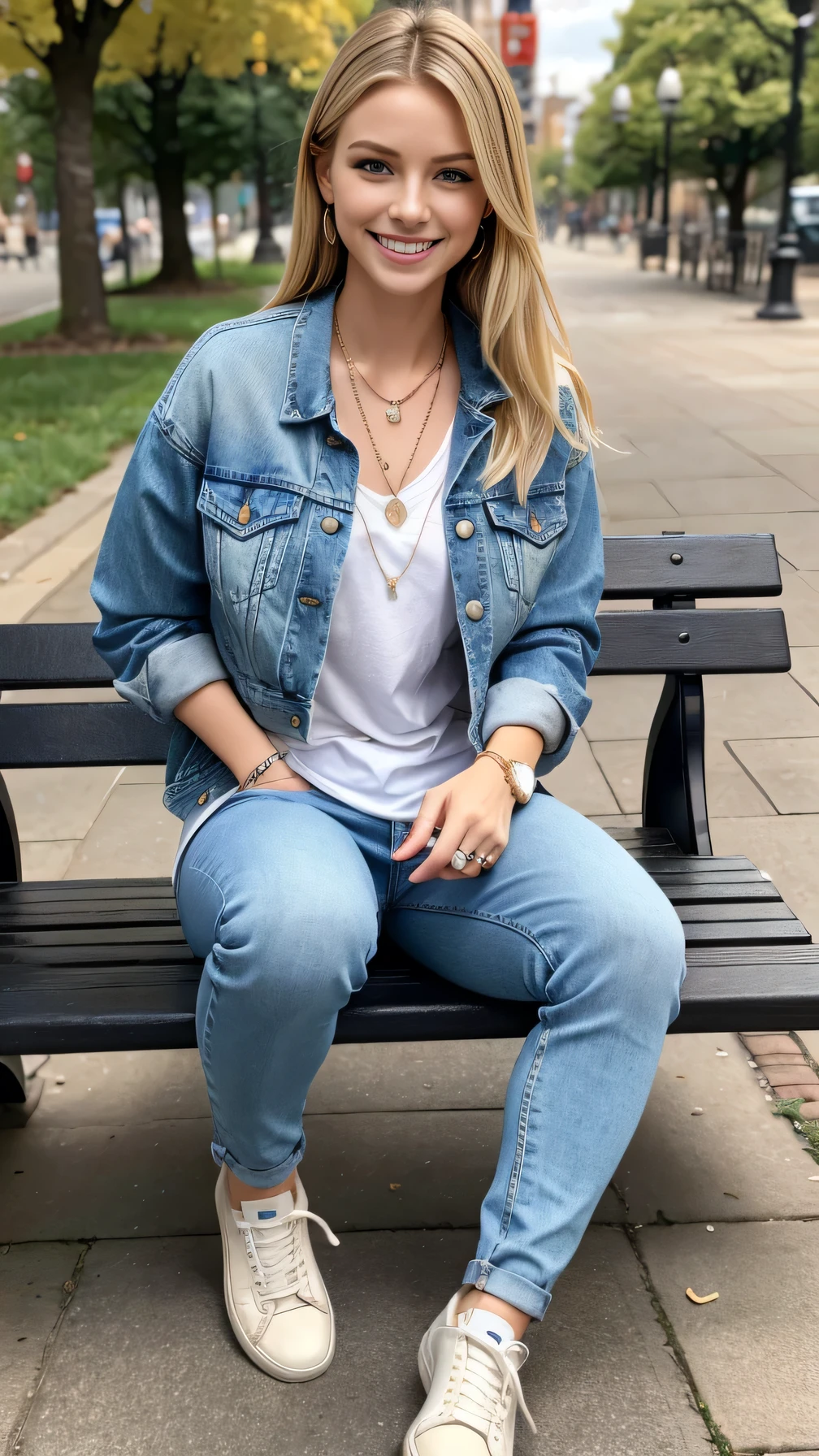 Super Resolution、Neat and clean Caucasian woman、Full body photo、sitting on a park bench、ear piercing、Blonde Hair、blue eyes、necklace、Denim jacket、shirt、Skinny jeans、sneakers、smile、Beautiful teeth alignment