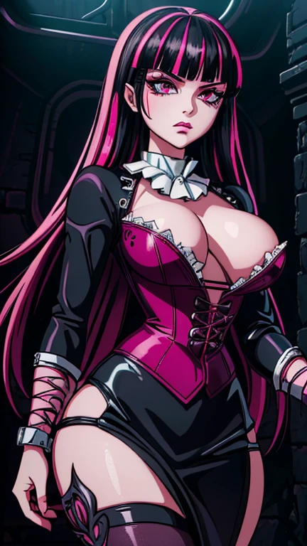 (1girl, Draculaura), (extremely detailed CG unit 8k wallpaper),(master part), (best quality), (ultra detail), (best illustration),(wanostyle), cowboy shot, (Sharp eyeliner, ombre, detail eyes), dark dungeon interiors background, ,break , (vamptech), pink hair, black hair, multicolored hair, pink eyes,