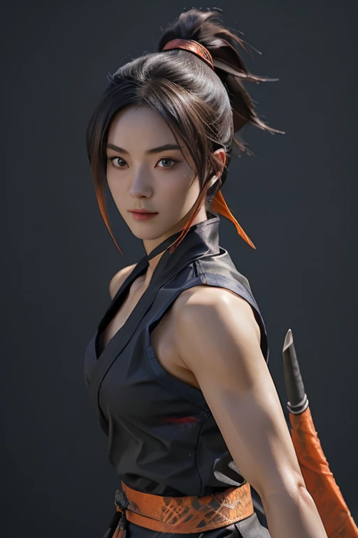 Highest quality,Ultra HD,Best AI Images, Full body photo,Rendering beautiful brush strokes, Very detailed vfx portrait of, Female ninja, A Japanese female ninja, cgsociety と fenghua zhong, Covert behavior, A female ninja, ((Preparing for battle)),Dynamic pose 1.3,Japanese woman portrait, , Trending on deviantart, ((Orange short ninja costume.5,Sexy Ninja)), Japanese spy, 3D Rendering, Beautiful face 1.5, Key Visual, Vibrant, (((Background of a Sengoku period mansion))), Very detailed, grow,