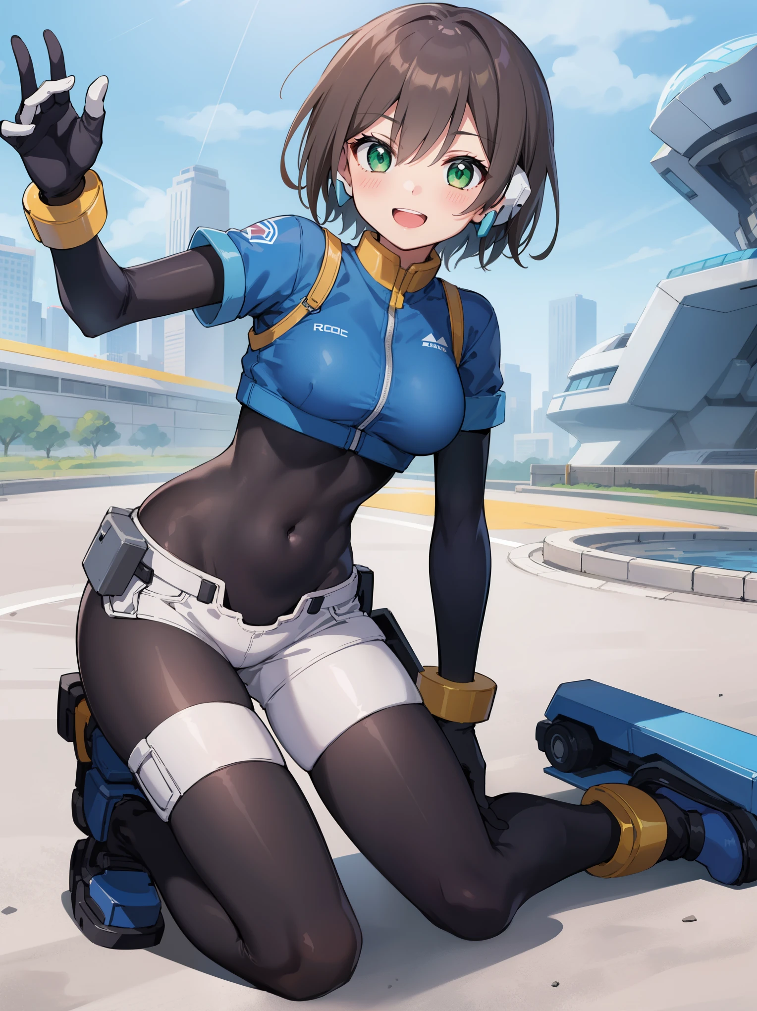 aile_megamanzx, kneeling with one hand on the ground and the other arm raised, 1girl, solo, short hair, brown hair, short sleeves, (bodysuit), robot ears, green eyes, short_shorts, short sleeves, short over long sleeves, smile, in futuristic city, , high quality, medium_breasts,crotch, slouch