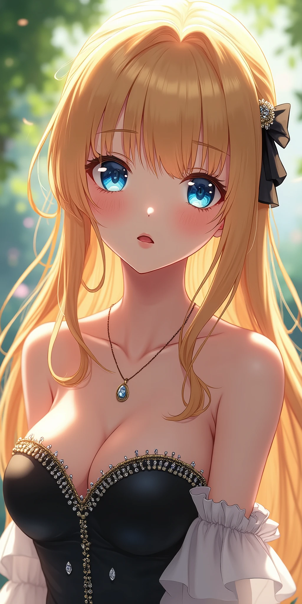 (best quality, ultra-detailed, photorealistic: 1.39), bright and vibrant colors, studio lighting, romantic expression, An effeminate Girl, with a delicate and beautiful face. She is a girl who reflects seductive beauty, sparkling blue eyes, extremely beautiful Girl, perfect lips in a soft smile , Girl, fuzzy, beautiful blonde, long, silky hair, necklace, beautiful strapless black dress with crystals embedded in the dress,She has beautiful small breasts, beautiful white dress, dress with straps, ruffles on the dress, voluminous fabric, in the garden at home, garden, anime style, Anime Bishoujo
