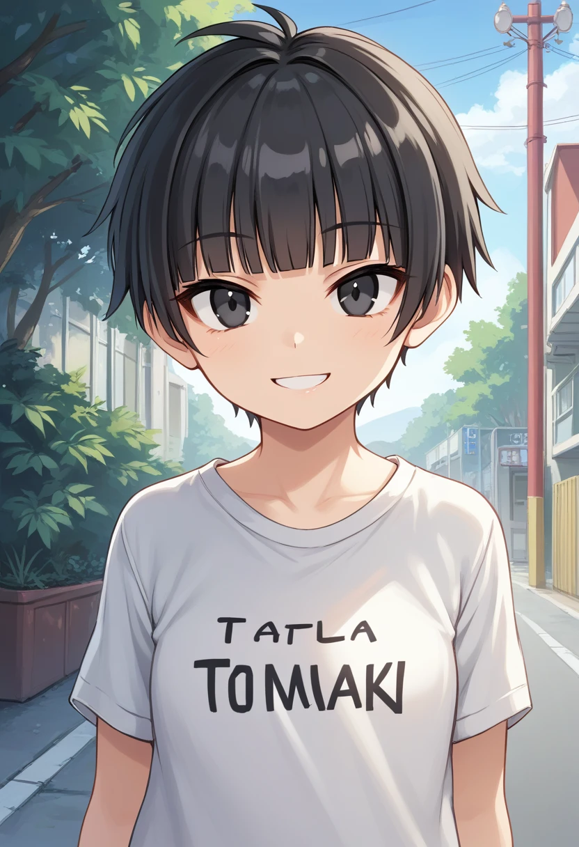 1girl, solo, tomboy, straight hair, short hair, blunt bangs, black hair, score_9, black eyes, white t-shirt, jeans, outdoors, upper body, looking at viewer, smile