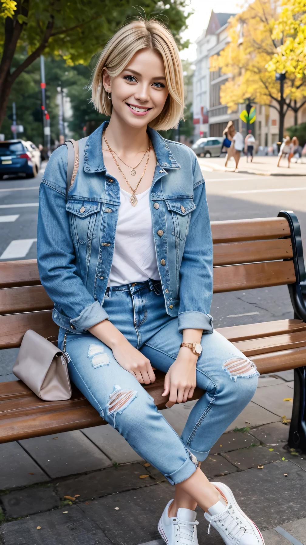 Super Resolution、Neat and clean Caucasian woman、Full body photo、sitting on a park bench、ear piercing、Blonde Hair、blue eyes、Short Haircut、necklace、Denim jacket、shirt、Skinny jeans、sneakers、smile、Beautiful teeth alignment