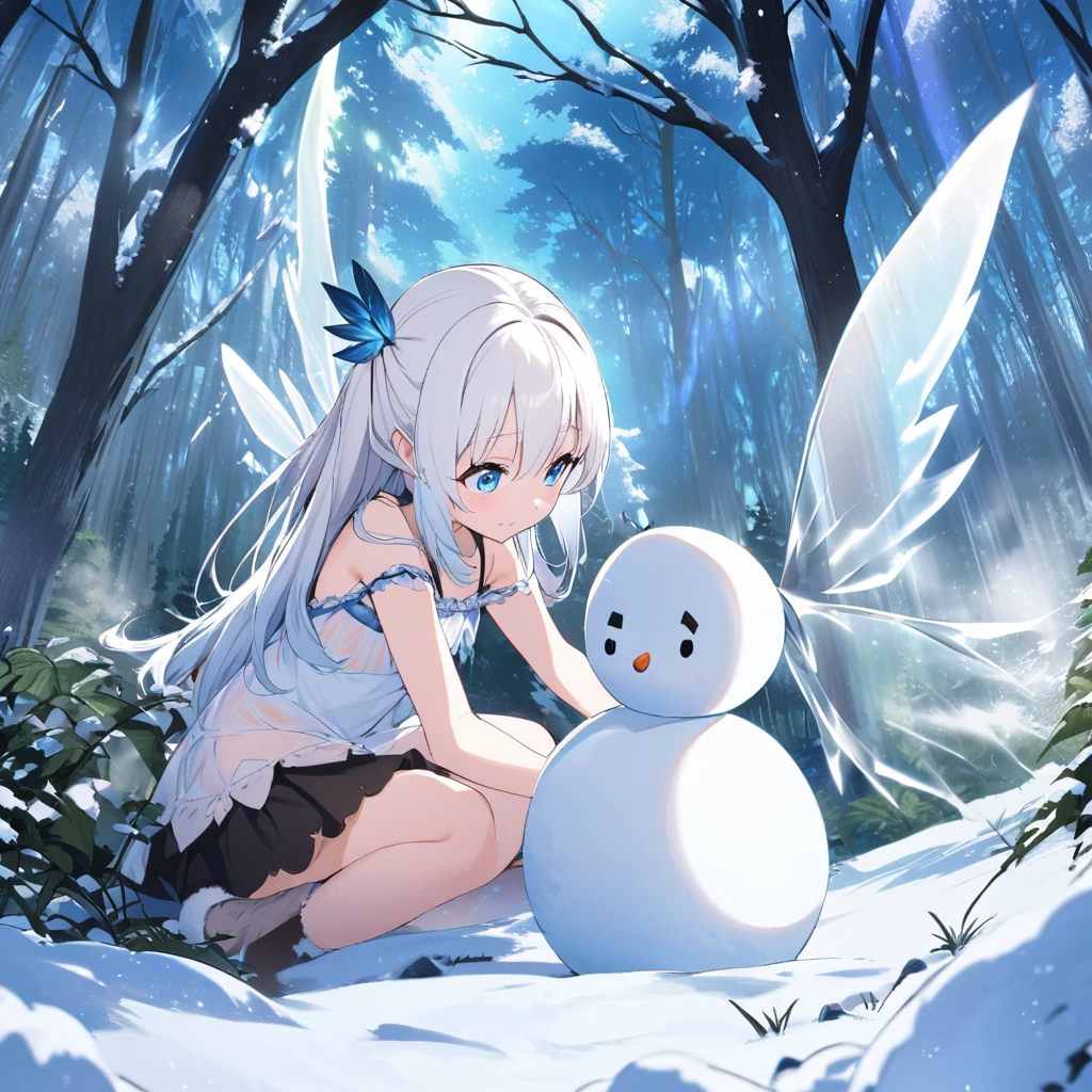 One woman,Ice fairy making a snowman,Young face,White Hair,blue eyes,Winged,Four Feathers,fluffy,Translucent wings,Ice,Short,Wearing a camisole, magical sky,Blue sky,in the forest,it's snowing,very mysterious