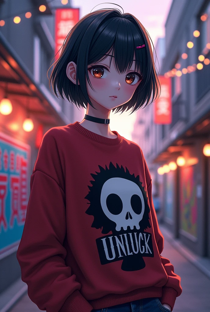 Make a picture of a girl a  short of 1,60 very pretty with white skin with short black hair and an undead unluck anime sweater and the girl has a very good body, good breasts and good buttocks