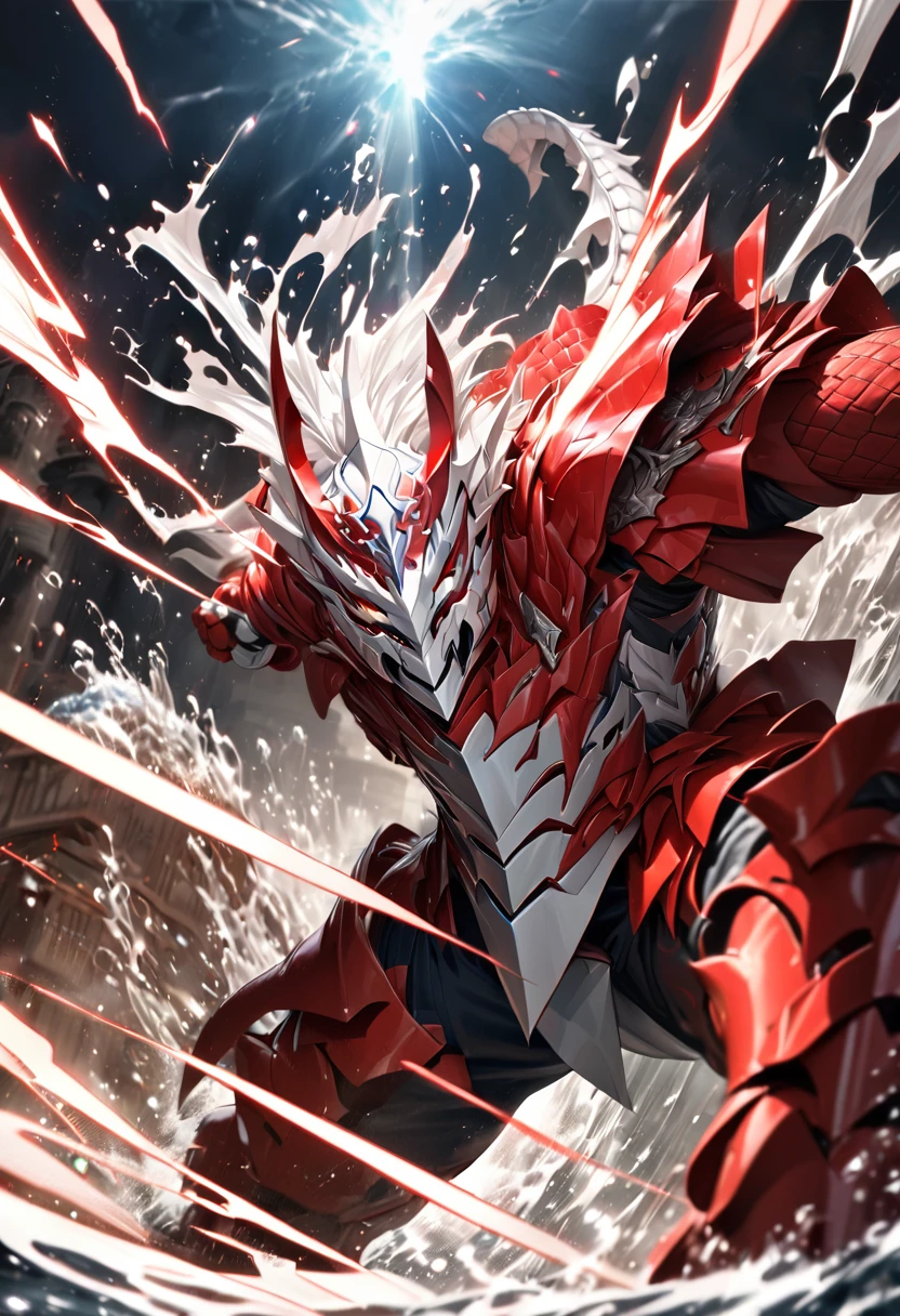 Ultra realistic, high detail,, ,absurdres, highres, ultra detailed, HDR, masterpiece, extremely detailed face and eyes,dragon knight , epic dragon knight mask, red and white color,  , solo, man, handsome, ,, , Epic fight scene, red and white water splashing effect,red and white lightning effect,glowing glitters, explosive effect