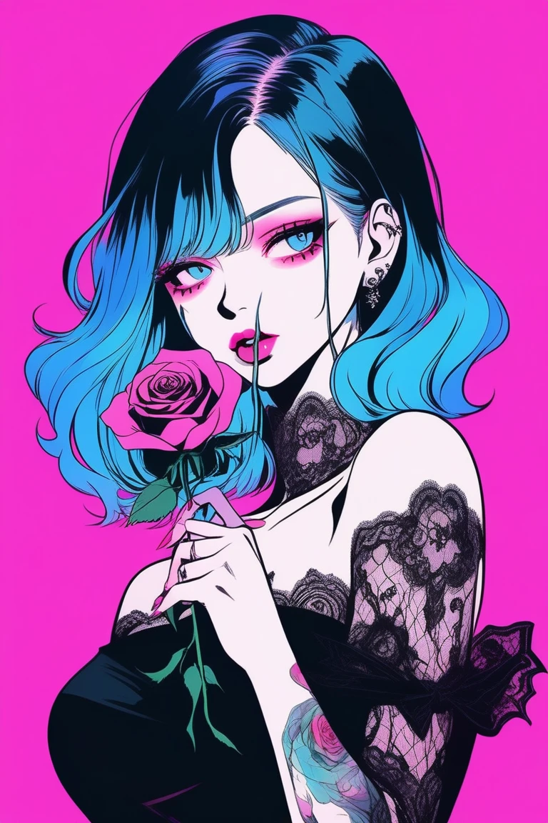 Illustrator, anime , Realistic ,sketch , 1 person, model,Portrait, lip, A translucent gothic black mini dress with lots of lace.., order, Blue and pink gradient background, Neon Color Hair, Big Breasts, She is holding a single rose in her mouth.., Sexy look, Sexy pose, Texture Trim, Russia, (masterpiece,Highest quality)