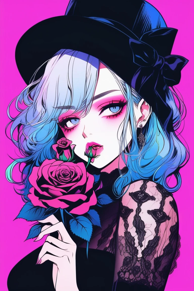 Illustrator, anime , Realistic ,sketch , 1 person, model,Portrait, lip, A translucent gothic black mini dress with lots of lace.., order, Blue and pink gradient background, Neon Color Hair, Big Breasts, She is holding a single rose in her mouth.., Sexy look, Sexy pose, Texture Trim, Russia, (masterpiece,Highest quality)