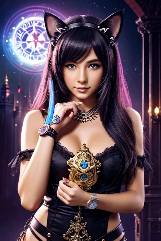 magic God of times girl, cat ears, holding a mechanical watch in her hand