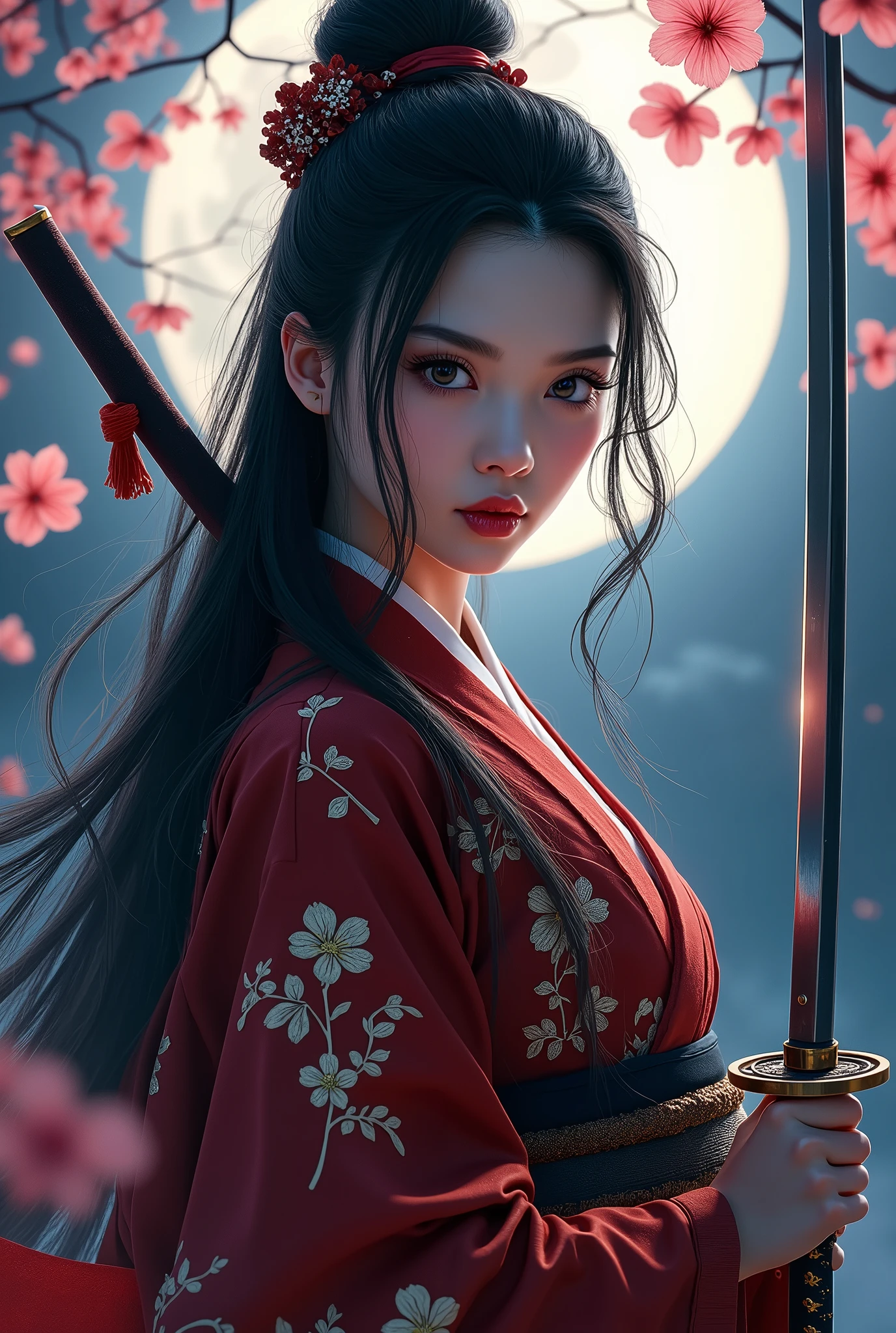 a beautiful samurai, porcelain skin, long black hair, with a serious, intense expression, ornate Japanese traditional samurai's clothes, highly detailed clothes, (holding a Japanese sword:1.5),Harrison Fisher and Catrin Welz-Stein art style, vivid colors, highly detailed, full body portrait, cinematic moon lighting, cherry blossom background, dramatic pose, elegant, graceful, regal, intricate details, masterpiece, photorealistic, 8k, best quality,(looking at viewer:1.5)