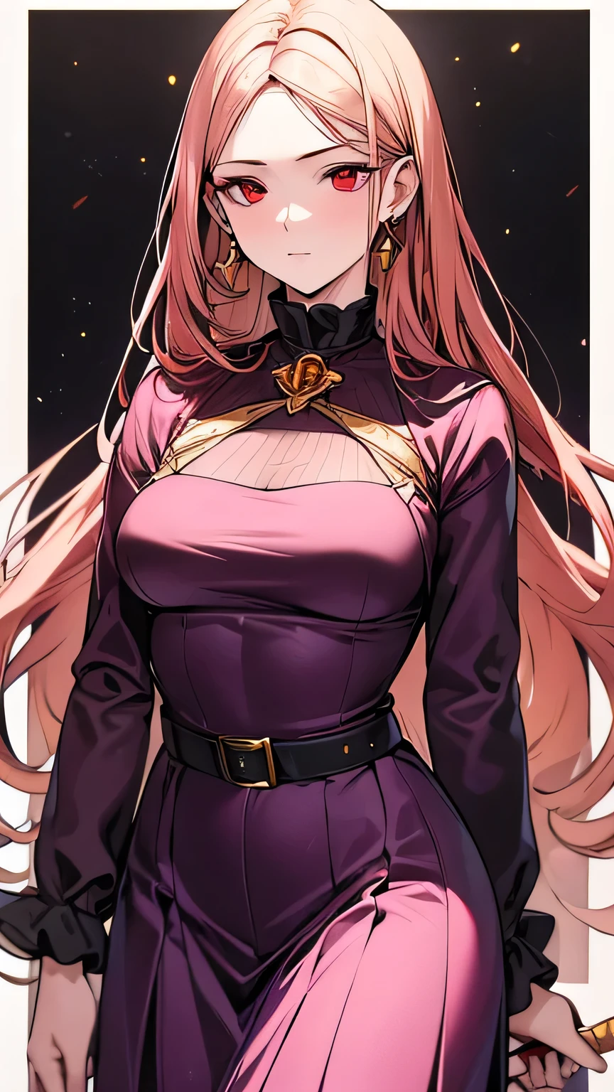 ((Highest quality)), Ultra-high resolution,Adult women, alone, sexy, (Stern face), (Red eyes), Beautiful and symmetrical face, (Long, golden, and unruly hair), Light purple dress,Light purple long skirt,Realistic:1.4,Realistic:1.4,night,(masterpiece:1.2),Perfect Eyes,Perfect Eyes,witch,Holding a walking stick