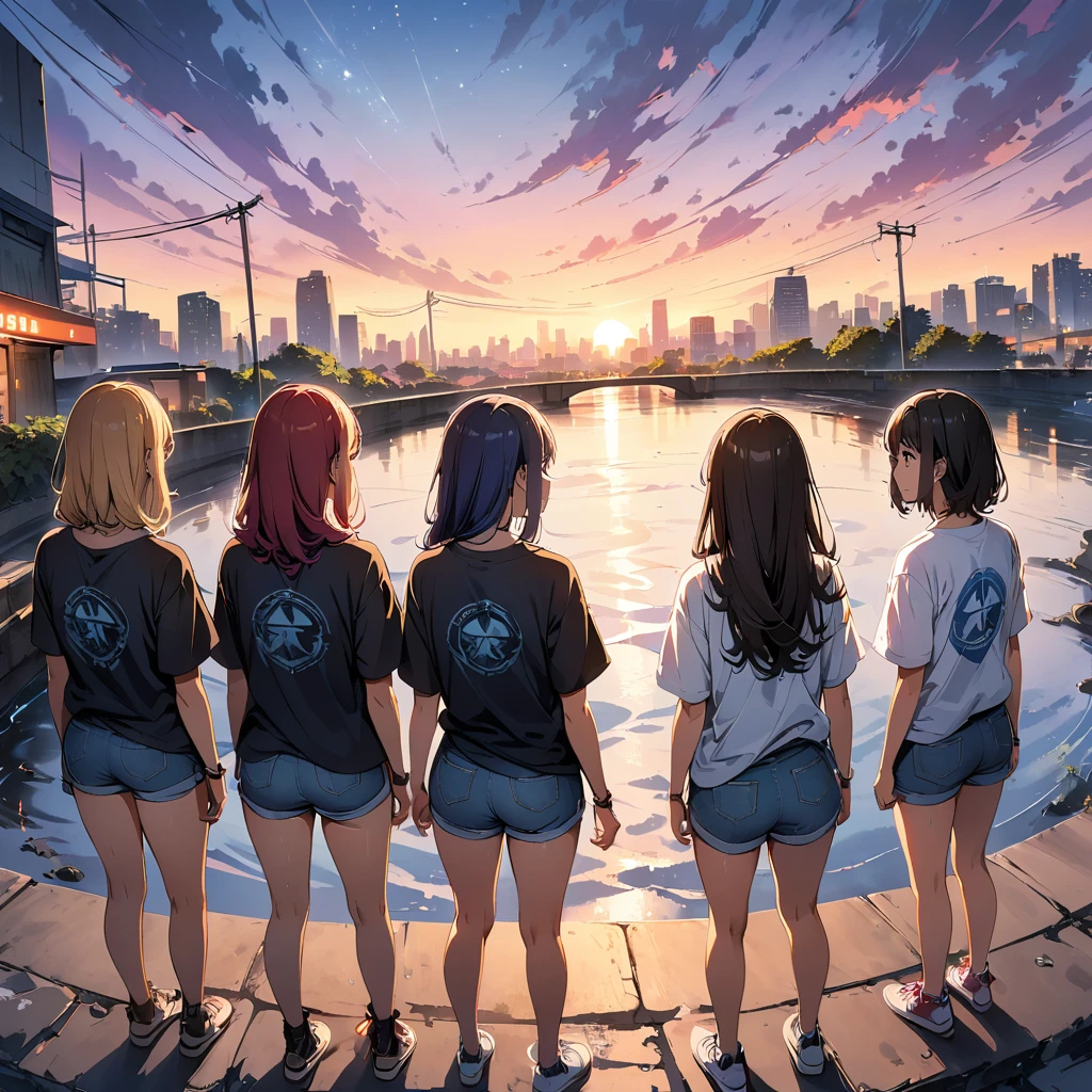 official art, unified 8k wallpaper, super detailed, masterpiece, Best image quality,super wide angle,evening,(five slim girls are standing side by side:1.5), (standing far away:1.6), black t-shirt and jeans shorts, rock stars, Standing in the wet street in city,(Backlit:1.5), water is like a mirror,reflecting the sky。look up to the sky,Colorful sunset,Dynamic angle, grace, bright colors, from behind