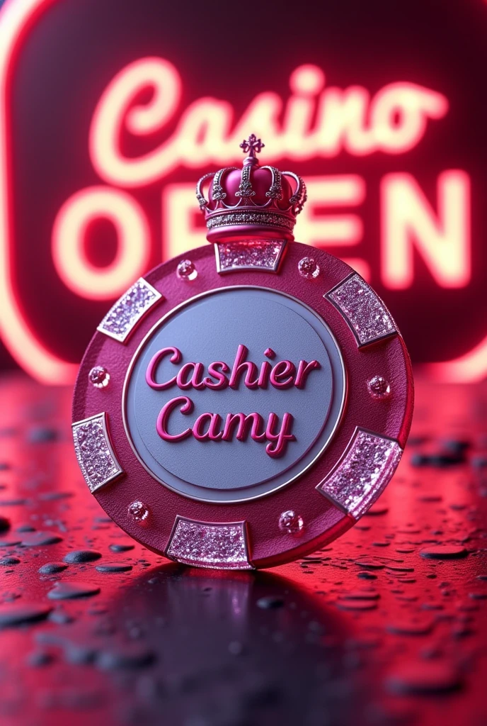 A surprising 3d casino chip in pink with diamond pearlescent with a crown on top of the chip and say in the center of the chip "Cashier Camy" and in the background a striking "Casino open" with bright letters say "Red Monaco 25", 3D rendering, illustration, poster, vibrant