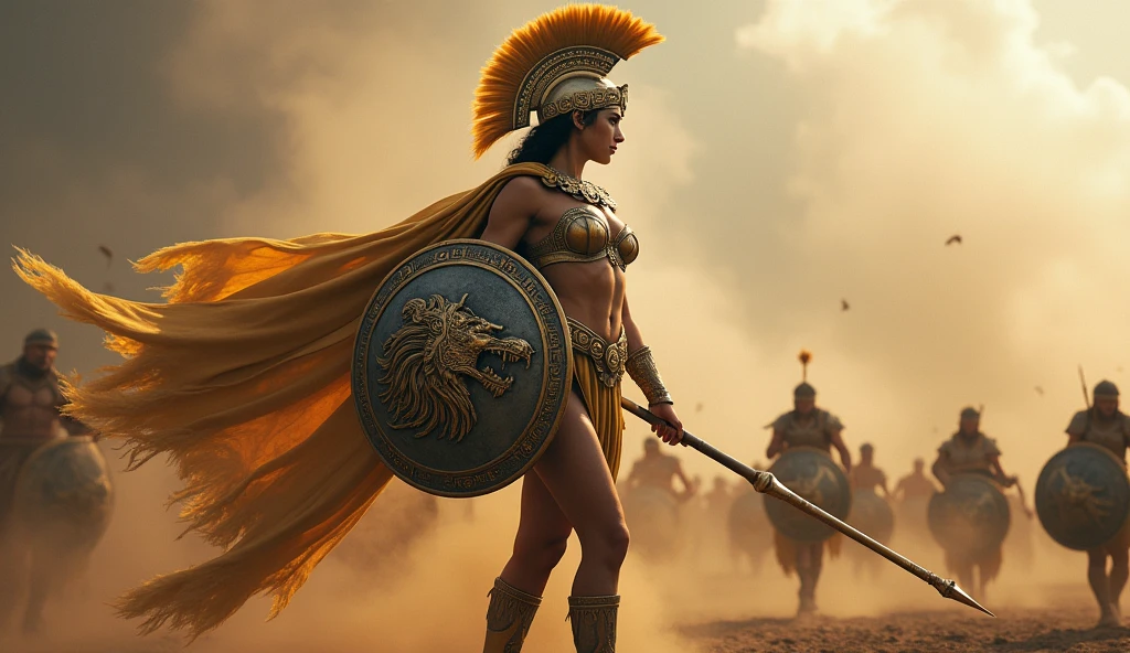 Athena, majestic and imposing woman, with a presence that mixes elegance with strength. Helmet: wearing a war Corinthian helmet, shape that covers the head well and leaves the face visible. Often the helmet is adorned with a crest of golden feathers, Aegis: mantle decorated with the head of the Gorgon. depicted in shades of gray or gold, with ornate edges. Robe: Wearing a long robe, Belt: A wide belt or sash can encircle her waist, adding a touch of sophistication and also enhancing your stunning figure. belt is very decorated, Sandals adorned with metallic details. SHe's holding a shield(image of the head of the Gorgon and is ornate with intricate details) and a golden spear. background battlefield